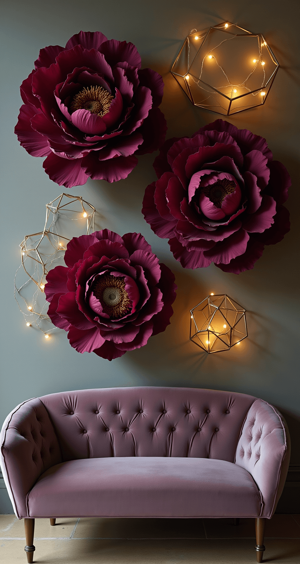 Transform Your Wedding with Giant Flowers: A Complete Guide to Show-Stopping Decor Intimate photo booth corner featuring oversized silk peonies in deep burgundy and mauve against a textured grey velvet wall, illuminated by warm café lighting that casts dramatic shadows. Modern brass geometric frames and fairy lights entwine with the flowers, with a vintage velvet settee below for scale.