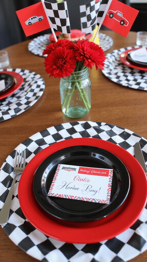 Ultimate Race Car Birthday Party Planning Guide: Rev Up the Celebration! Close-up of a child's race car party table setting with checkered placemat, red charger, black plate, personalized 'Racing License' place card, mason jar centerpiece with flags and carnations, striped napkins, and race car party hats.