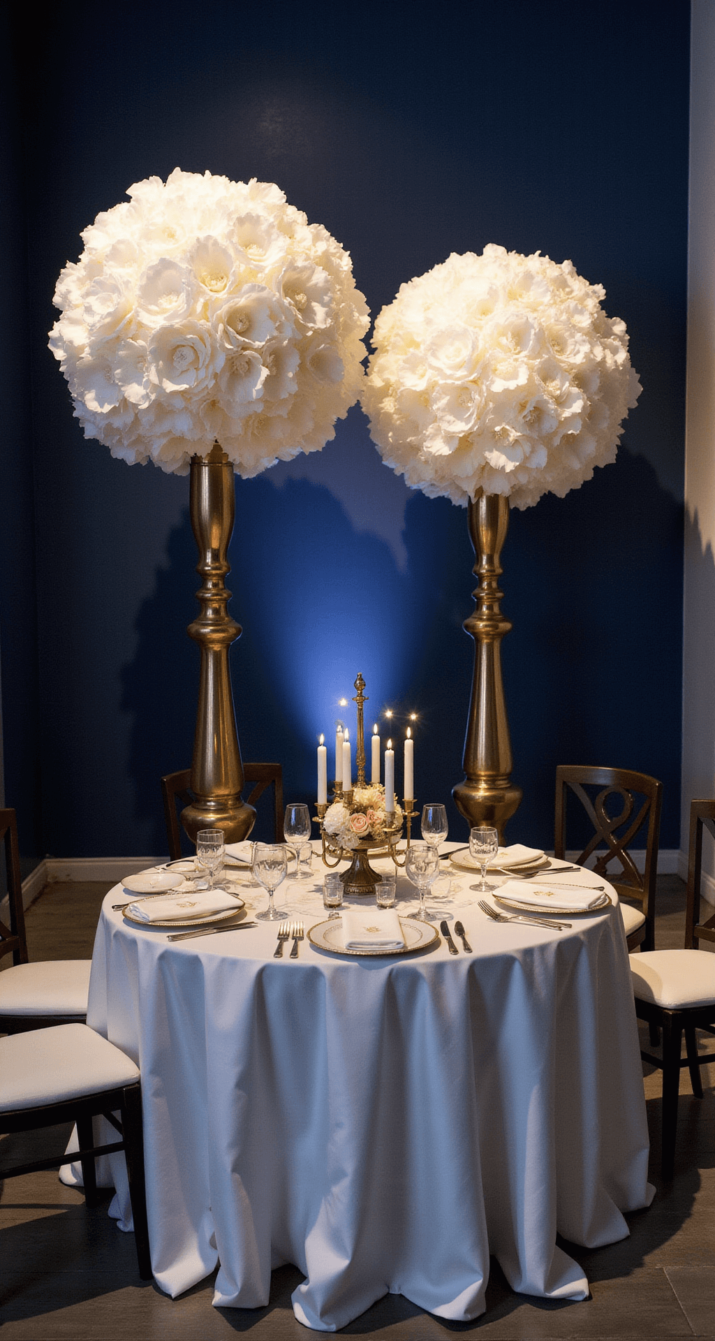 Transform Your Wedding with Giant Flowers: A Complete Guide to Show-Stopping Decor A romantic sweetheart table vignette featuring two 6-foot standing white silk flowers, set against a dark navy wall. The tablescape includes gold accents, taper candles, and delicate place settings, captured at eye level during blue hour with ethereal lighting and shadows.