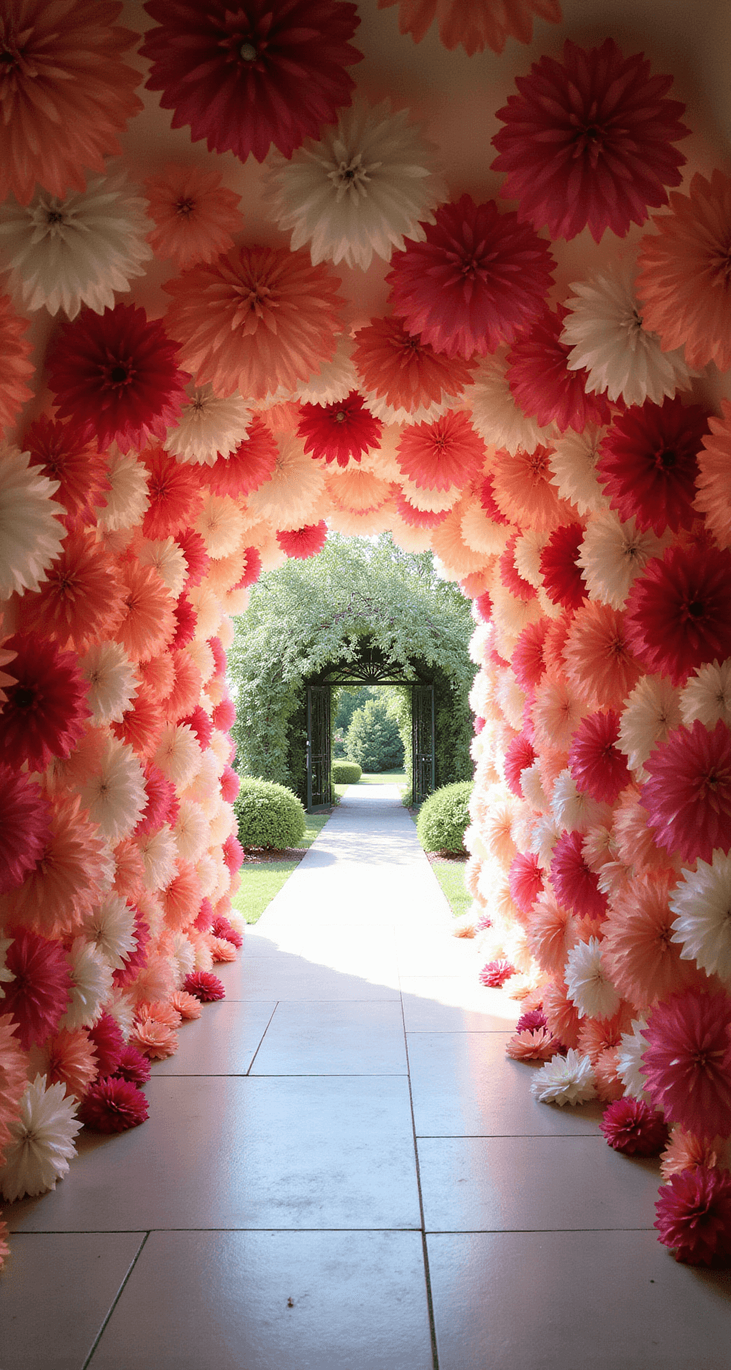 Transform Your Wedding with Giant Flowers: A Complete Guide to Show-Stopping Decor A whimsical tunnel of graduated-size paper flowers in pale pink, coral, and deep rose shades, illuminated by soft bistro lighting, viewed from inside the tunnel toward the garden venue entrance, where guests express awe.