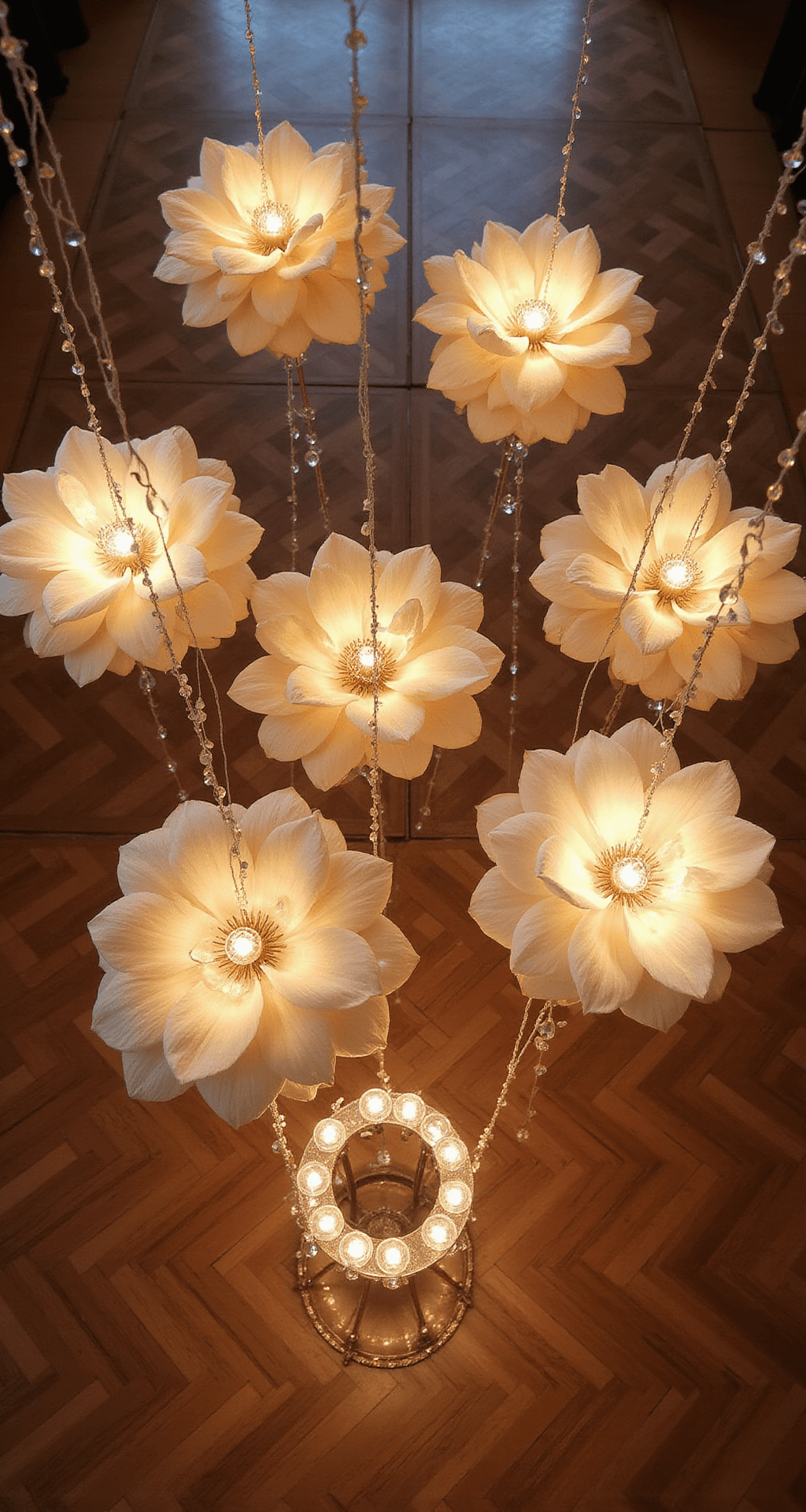 Transform Your Wedding with Giant Flowers: A Complete Guide to Show-Stopping Decor Aerial view of a dance floor adorned with large cream and champagne fabric magnolias and crystal pendant lights, creating a dreamy atmosphere above vintage parquet flooring, with ambient lighting enhancing the dimensional layers.