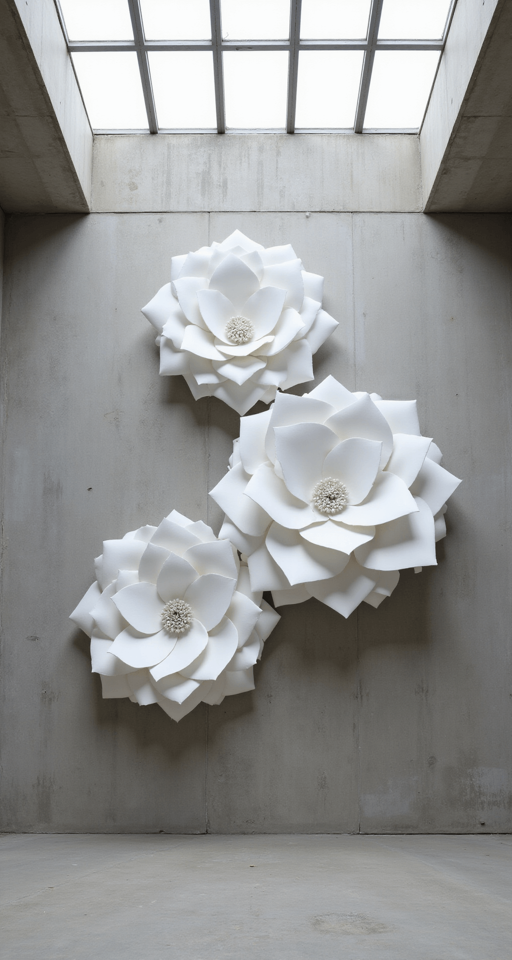 Transform Your Wedding with Giant Flowers: A Complete Guide to Show-Stopping Decor Modern minimalist ceremony space featuring three oversized geometric white paper flowers on a smooth concrete wall, illuminated by natural daylight from a skylight, casting crisp shadows that enhance the architectural folds and dramatic scale.