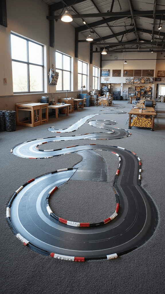 Ultimate Race Car Birthday Party Planning Guide: Rev Up the Celebration! Wide shot of a sunlit activity zone with a remote control race track, LED-lit lanes, pit stops with tool-themed decor, and crafting tables for building and painting wooden race car models.