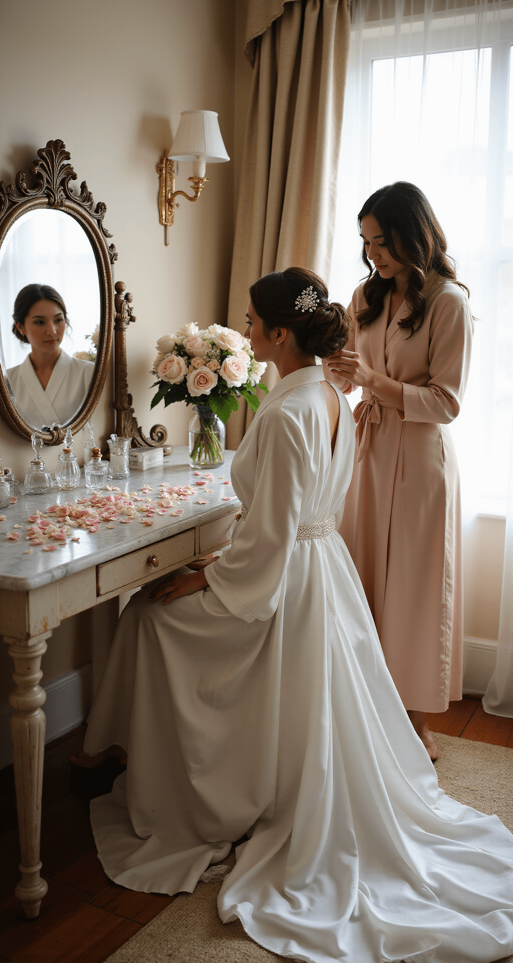 Wedding Hairstyles with Flowers: A Complete Style Guide for Your Big Day A bride sits at a vintage vanity in a sunlit bridal suite, her hairstylist weaving fresh garden roses into her intricate updo. Crystal perfume bottles and pearl hairpins are scattered across the marble countertop, with champagne-colored silk robes hanging nearby and rose petals scattered in the foreground. The image captures the scene from a 45-degree angle, emphasizing the floral details in the bride's hair.
