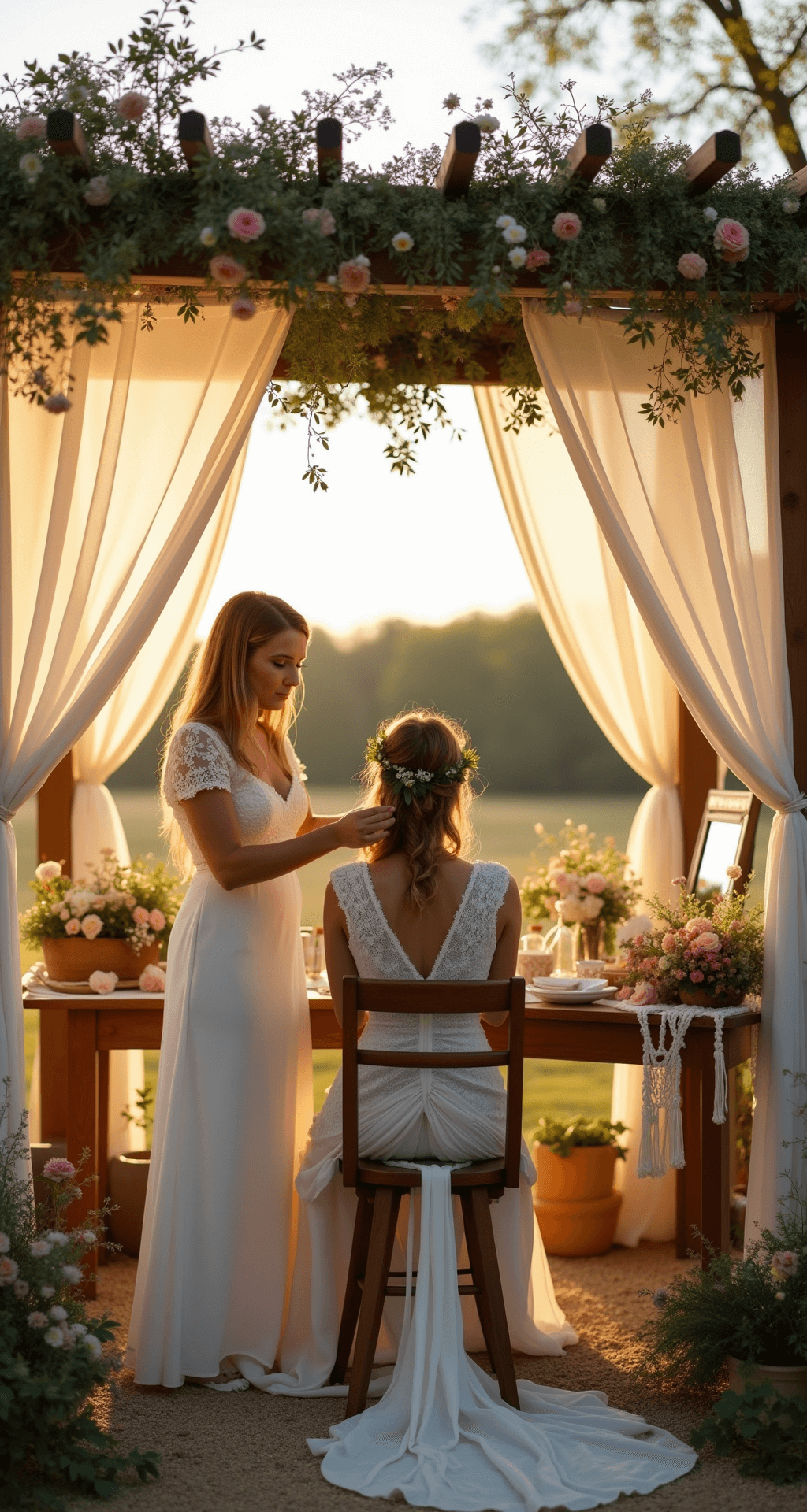 Wedding Hairstyles with Flowers: A Complete Style Guide for Your Big Day A wide-angle view of a bohemian outdoor wedding preparation scene at golden hour, featuring a flower-adorned pergola where a bride's hair is styled with wildflowers and baby's breath, alongside a natural wooden styling station with macramé hangings, vintage brass mirrors, and fresh flowers, all complemented by a soft breeze moving through sheer cream drapery panels.