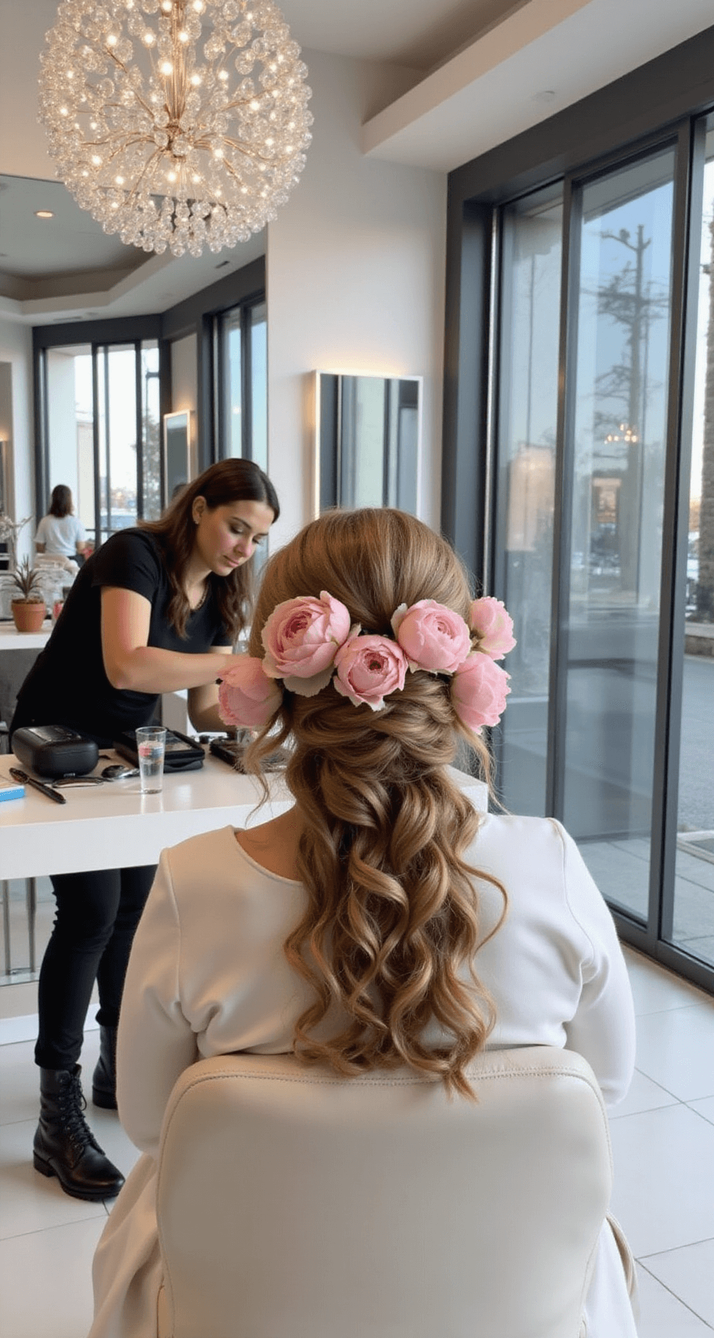 Wedding Hairstyles with Flowers: A Complete Style Guide for Your Big Day A bride with a braided updo adorned with pink peonies sits at a sleek white styling station in a modern bridal salon, featuring dramatic floor-to-ceiling windows and a crystal chandelier, captured from behind to highlight the intricate braid.
