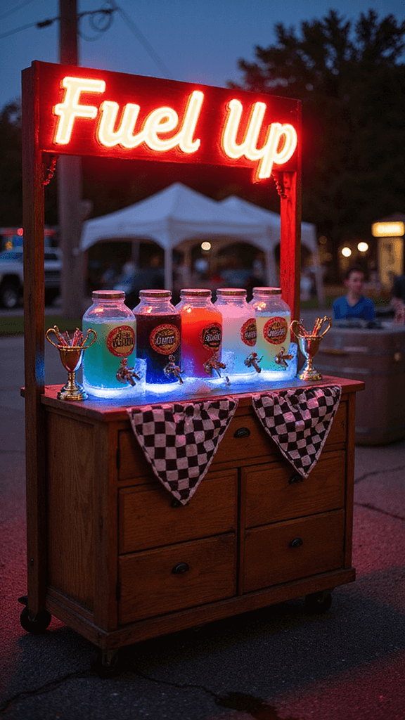 Ultimate Race Car Birthday Party Planning Guide: Rev Up the Celebration! A vintage wooden cart displaying colorful drinks labeled as fuel types, with LED-lit ice buckets holding glass bottles, a neon 'Fuel Up' sign, checkered bunting, and metallic straws in trophy-shaped holders.