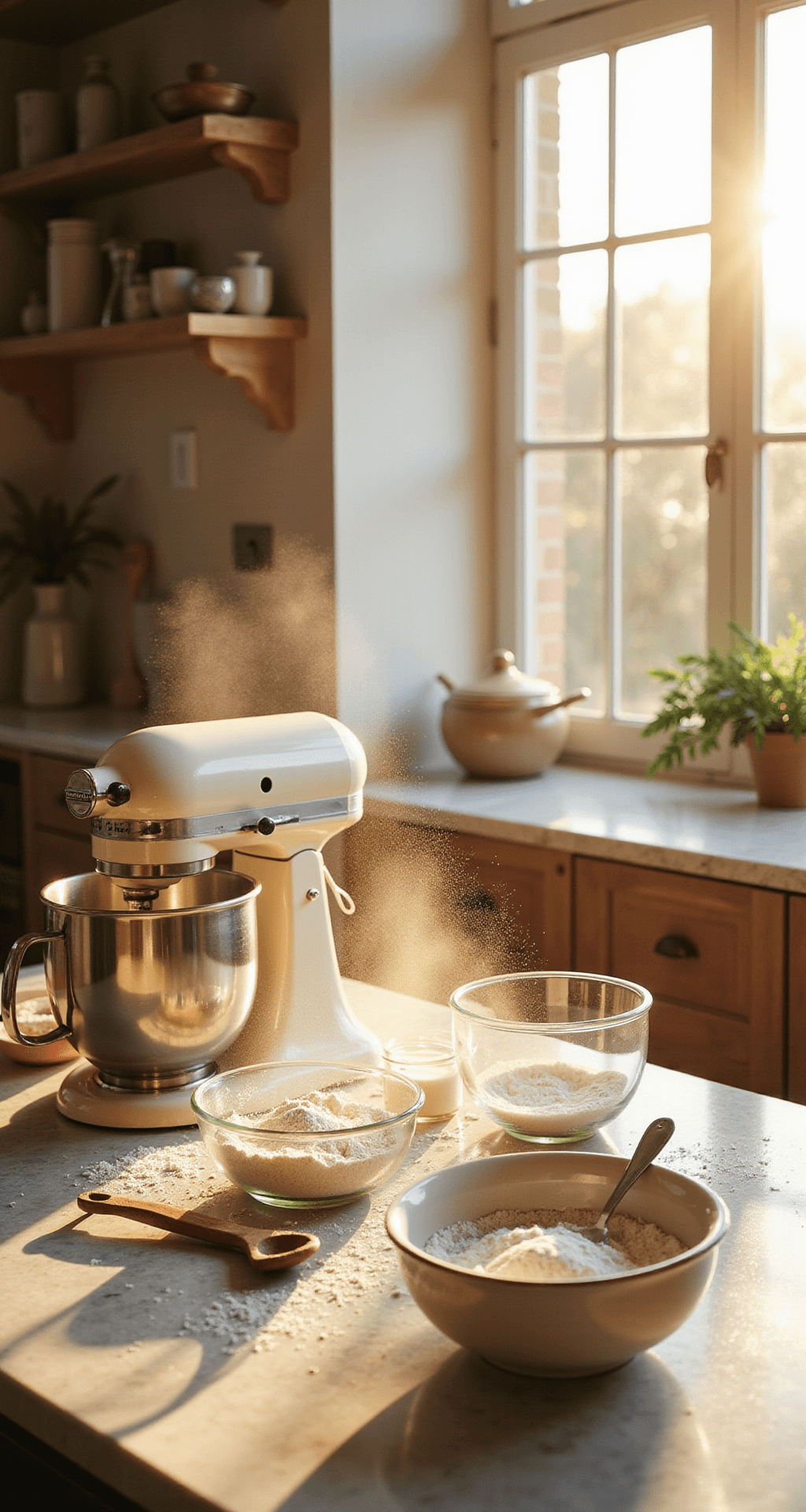 Vintage Wedding Cake: A Timeless Celebration Of Elegance A sunlit professional kitchen with large windows, featuring vintage glass bowls of ingredients, a cream stand mixer, antique baking tools on a marble countertop, and sifted flour creating a dust cloud.