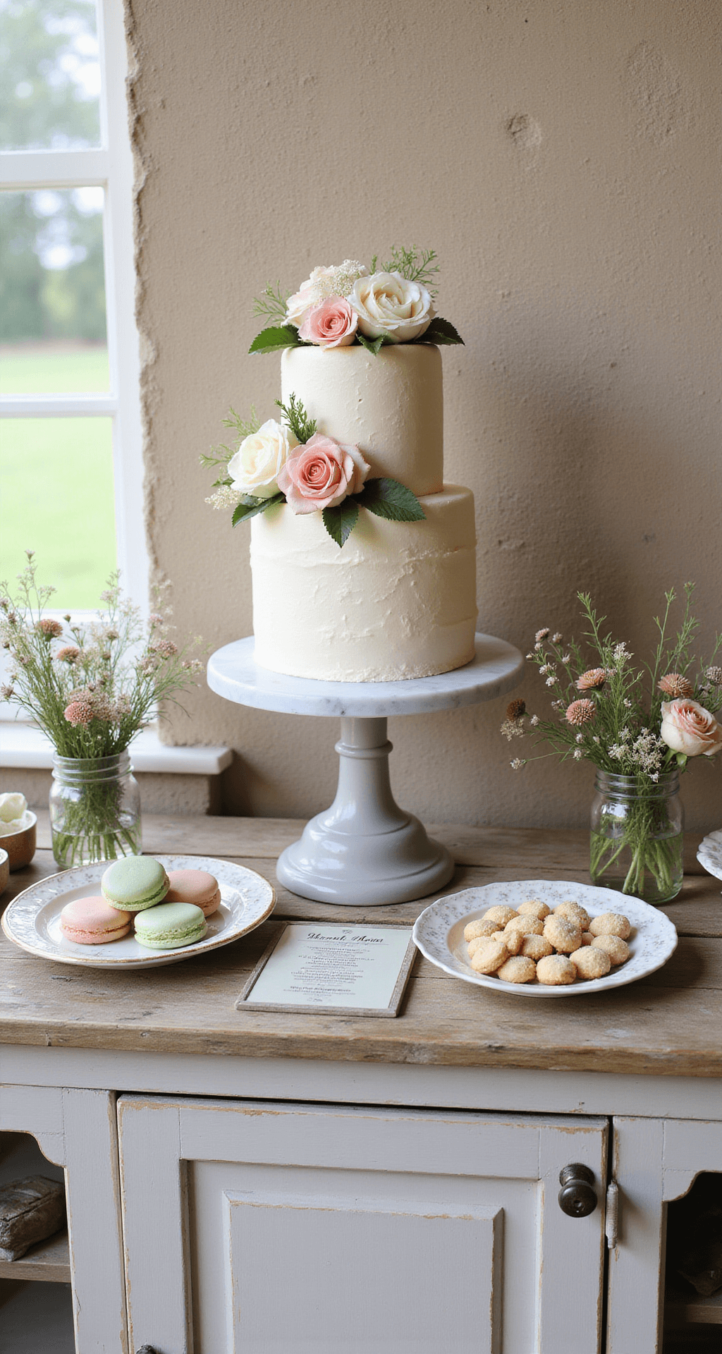 Early Spring Wedding: Your Ultimate Guide to a Magical Celebration Dessert display with a three-tier wedding cake and assorted sweets on a wooden buffet against a stone wall, featuring pastel colors and wildflower decorations.