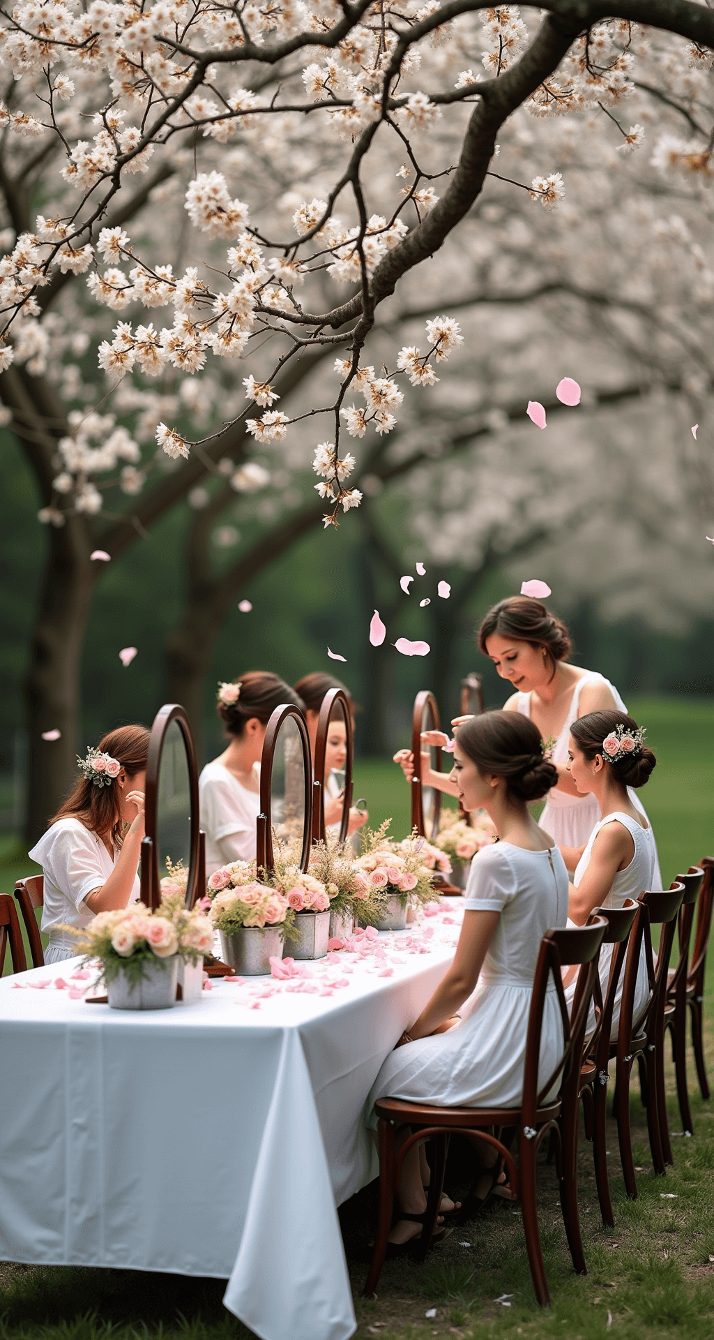 Wedding Hairstyles with Flowers: A Complete Style Guide for Your Big Day A picturesque garden preparation scene with a long farmhouse table under blossoming cherry trees, showcasing multiple styling stations with vintage mirrors and buckets of fresh flowers, as bridesmaids have floral hair accessories pinned in their hair amidst softly falling pink petals.