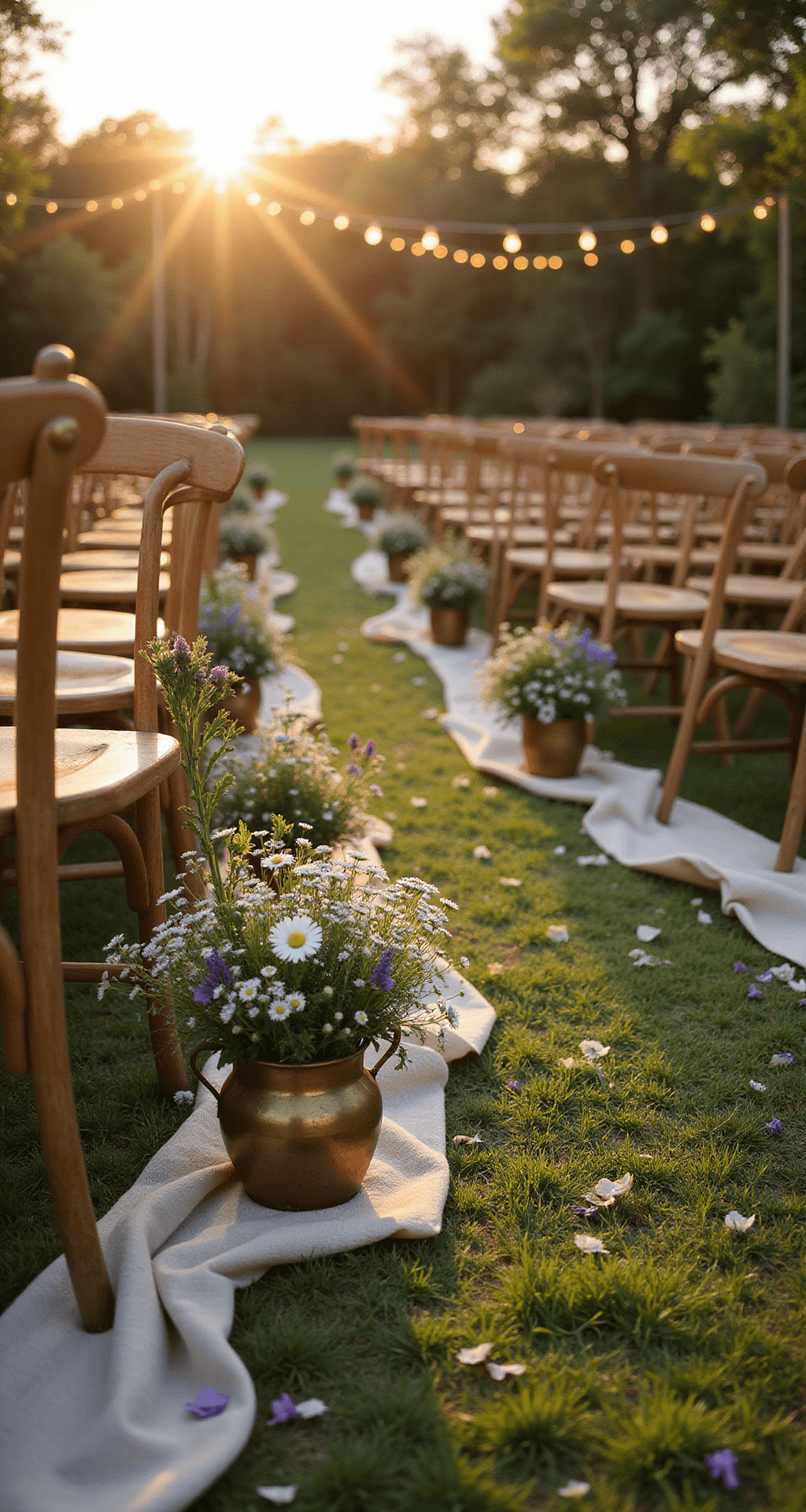 Wild and Whimsical: Your Ultimate Wildflower Wedding Decor A sunlit garden ceremony setup with vintage wooden chairs, aisle markers of wildflowers in brass vessels, and fairy lights overhead, all captured during golden hour with a low angle for a backlit effect.