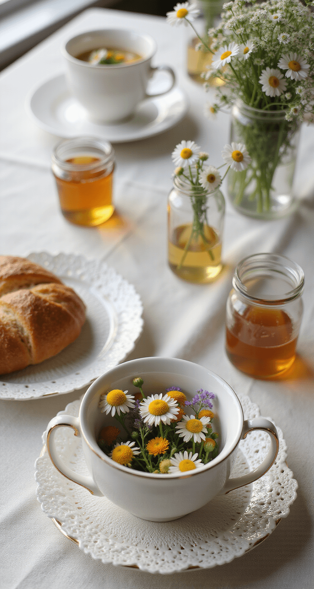 Wild and Whimsical: Your Ultimate Wildflower Wedding Decor A beautifully arranged breakfast reception table featuring delicate teacups with wildflower arrangements, vintage lace doilies, fresh croissants, and glass jars of local honey, highlighted by soft window light and macro focus on floral details.