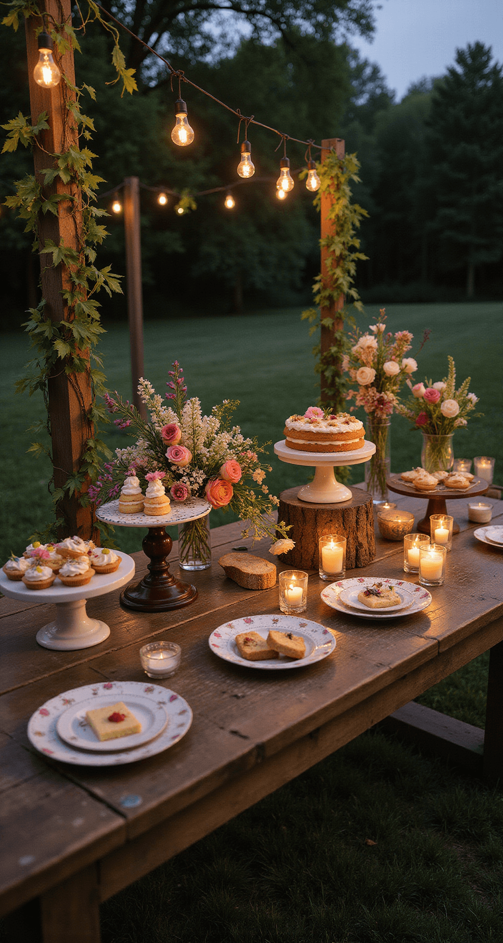 Wild and Whimsical: Your Ultimate Wildflower Wedding Decor A wide-angle view of a wildflower-themed dessert display at dusk on a rustic wooden farm table, featuring naked cakes adorned with fresh blooms, vintage cake stands with smaller treats garnished with edible flowers, and trailing vines. Warm candlelight and bistro lights create a magical ambiance.