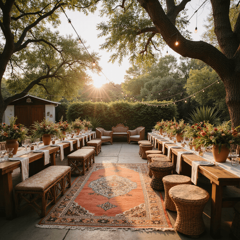 10 Stunning Boho Wedding Decoration Ideas to Create Your Dream Day A bohemian garden wedding reception at golden hour with long wooden tables, macramé runners, wild floral arrangements, string lights, vintage rugs, rattan furniture, copper lanterns, pampas grass, and eclectic decor in earthy tones.