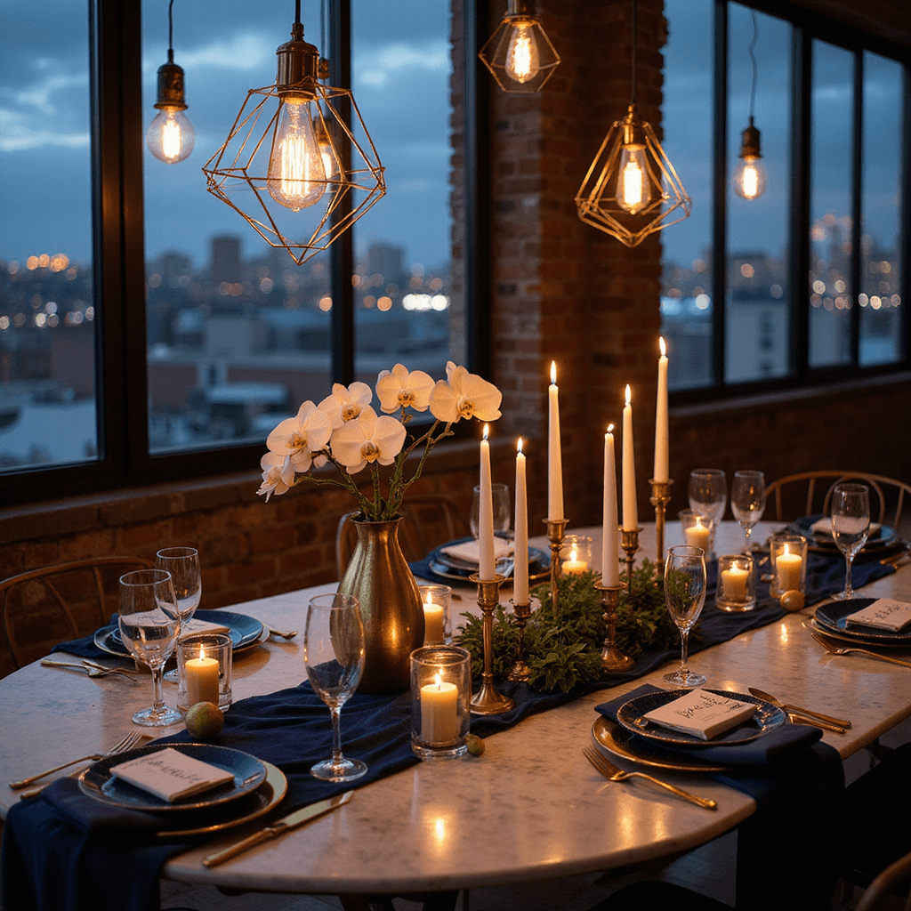 10 Stunning Boho Wedding Decoration Ideas to Create Your Dream Day An elevated view of a candlelit birthday dinner in a modern urban loft with floor-to-ceiling industrial windows. A marble table with midnight blue linens, brass accessories, mercury glass votives, and white orchid centerpiece sets a celestial theme, illuminated by geometric pendant lights.