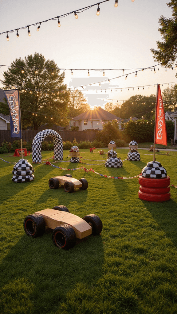 Ultimate Race Car Birthday Party Planning Guide: Rev Up the Celebration! Golden hour view of a modern backyard game zone with a professional obstacle course featuring checkered flag markers, tire tunnels, and racing rope barriers. Lawn games include oversized wooden racing cars for toddlers and a custom race car piñata hanging from a decorated arch. String lights crisscross above, with branded racing flags lining the course perimeter.