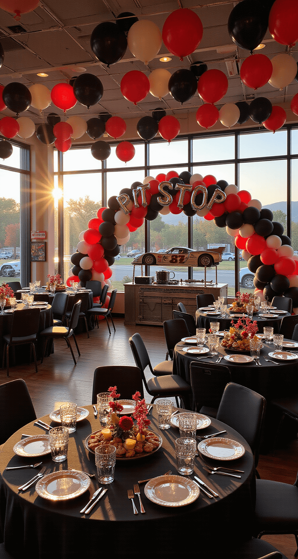 Ultimate Race Car Birthday Party Planning Guide: Rev Up the Celebration! A vibrant indoor party transformed into a racing theme, featuring a red, black, and white balloon arch resembling a checkered flag, chrome 'PIT STOP' signage at the dessert station, tables with miniature racing flags, and a themed backdrop with vintage racing posters and an LED race car silhouette, all illuminated by golden hour sunlight.