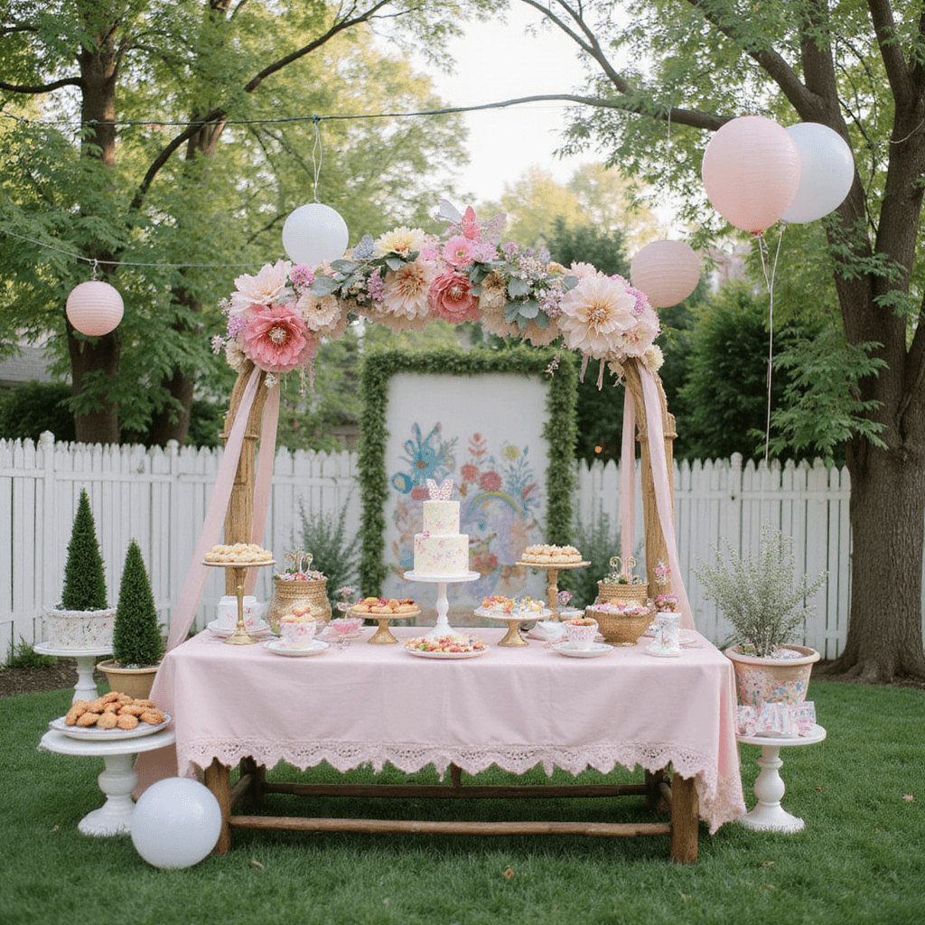 10 Stunning Boho Wedding Decoration Ideas to Create Your Dream Day A whimsical children's garden party in the morning light, showcasing pastel balloon arches, paper lanterns, vintage teacup planters, and colorful tables with butterfly cookies and fruit skewers, surrounded by oversized flowers and a woodland backdrop.