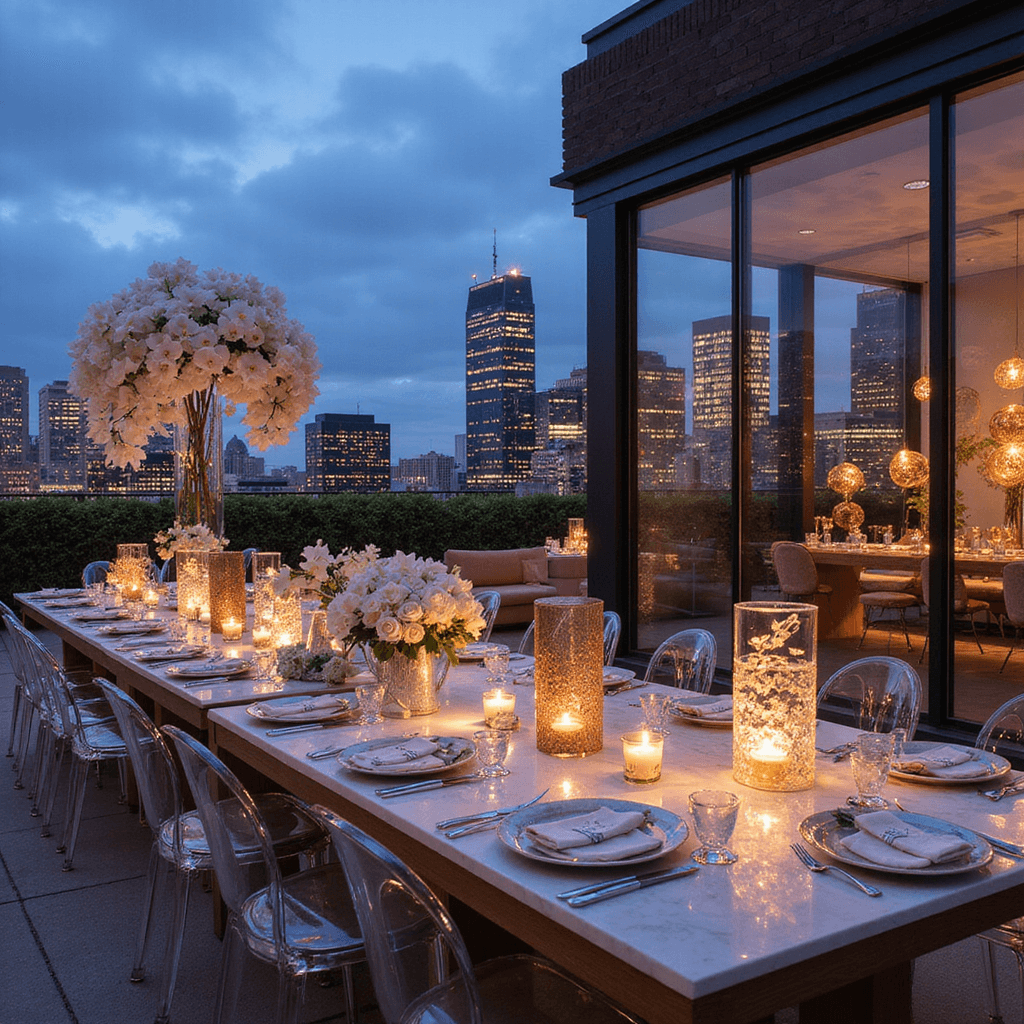 10 Stunning Boho Wedding Decoration Ideas to Create Your Dream Day A panoramic view of a luxurious rooftop engagement party at blue hour, featuring seamless glass walls, ghost chairs around marble tables with mirrored chargers, cascading white orchids and roses, LED-lit champagne displays, rose gold balloons reflecting city lights, plush velvet lounge furniture, and floating candles creating an elegant and romantic atmosphere.