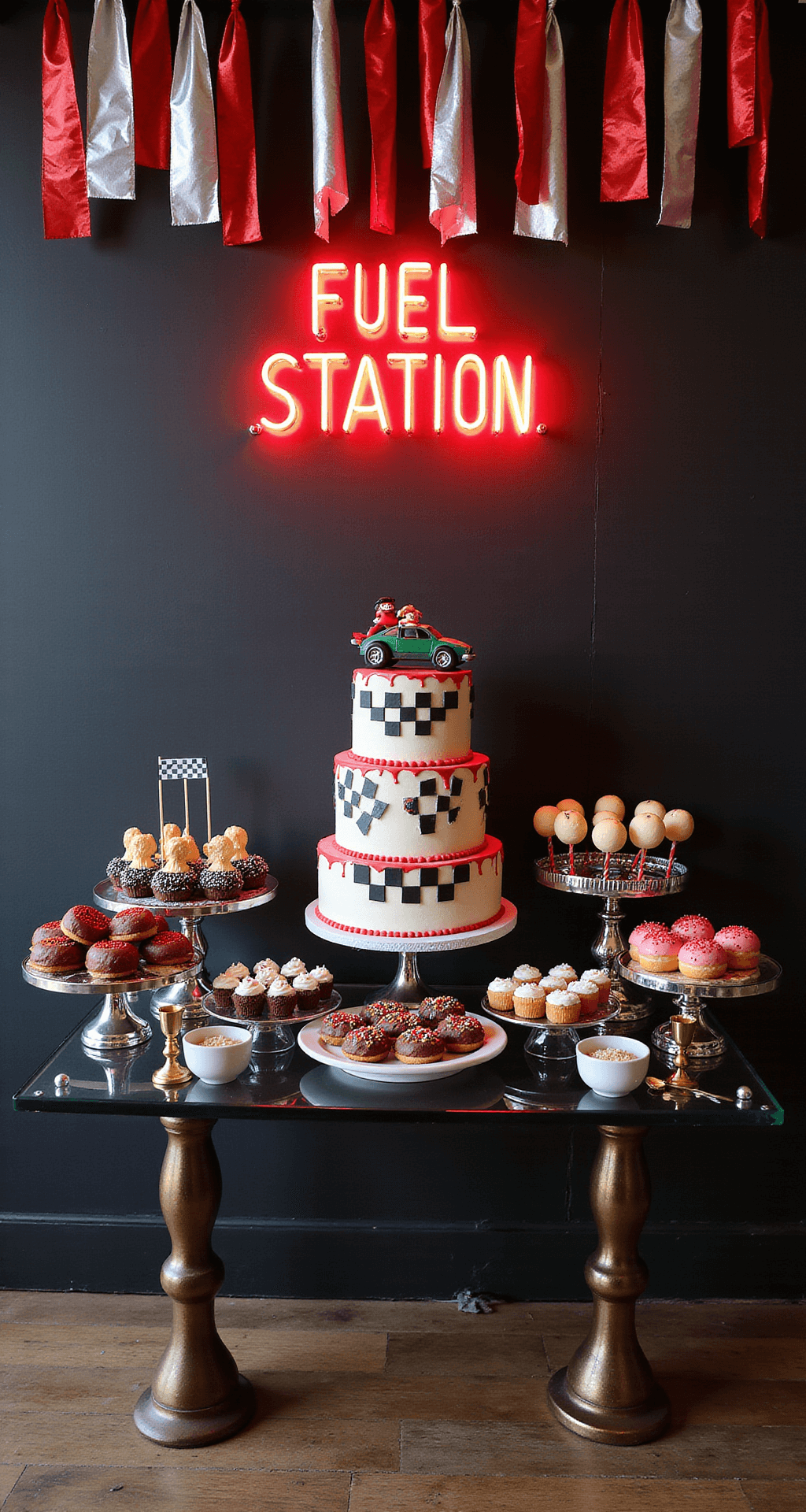 Ultimate Race Car Birthday Party Planning Guide: Rev Up the Celebration! Overhead view of a dessert table with a race car theme, featuring a three-tiered race car cake, checkered flag cookies, chocolate donuts shaped like spare tires, and trophy-shaped cake pops against a black wall.