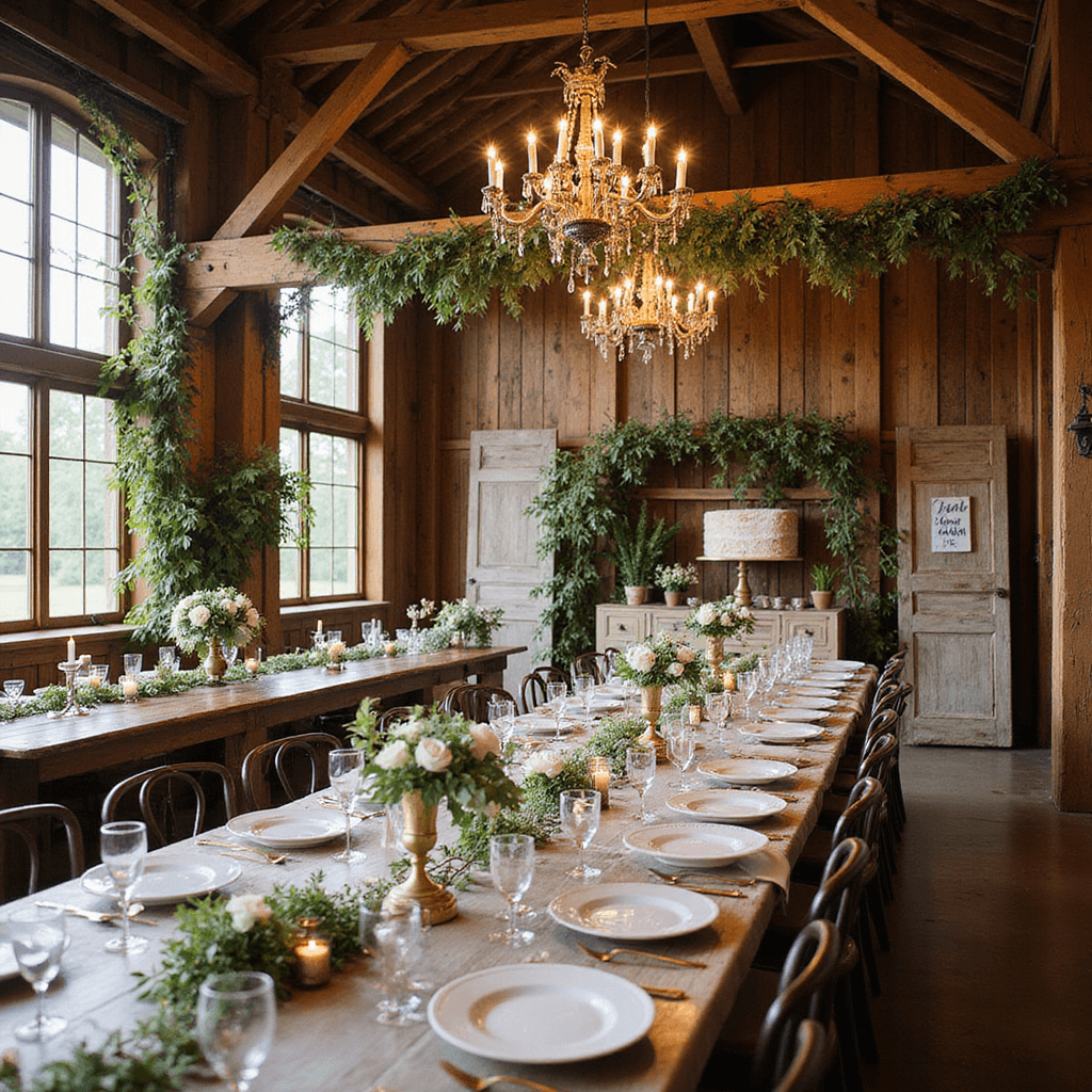 10 Stunning Boho Wedding Decoration Ideas to Create Your Dream Day Rustic barn wedding reception with wooden beams, Italian ruscus garlands, vintage chandeliers, and decorated harvest tables with olive branches, roses, and brass candlesticks.