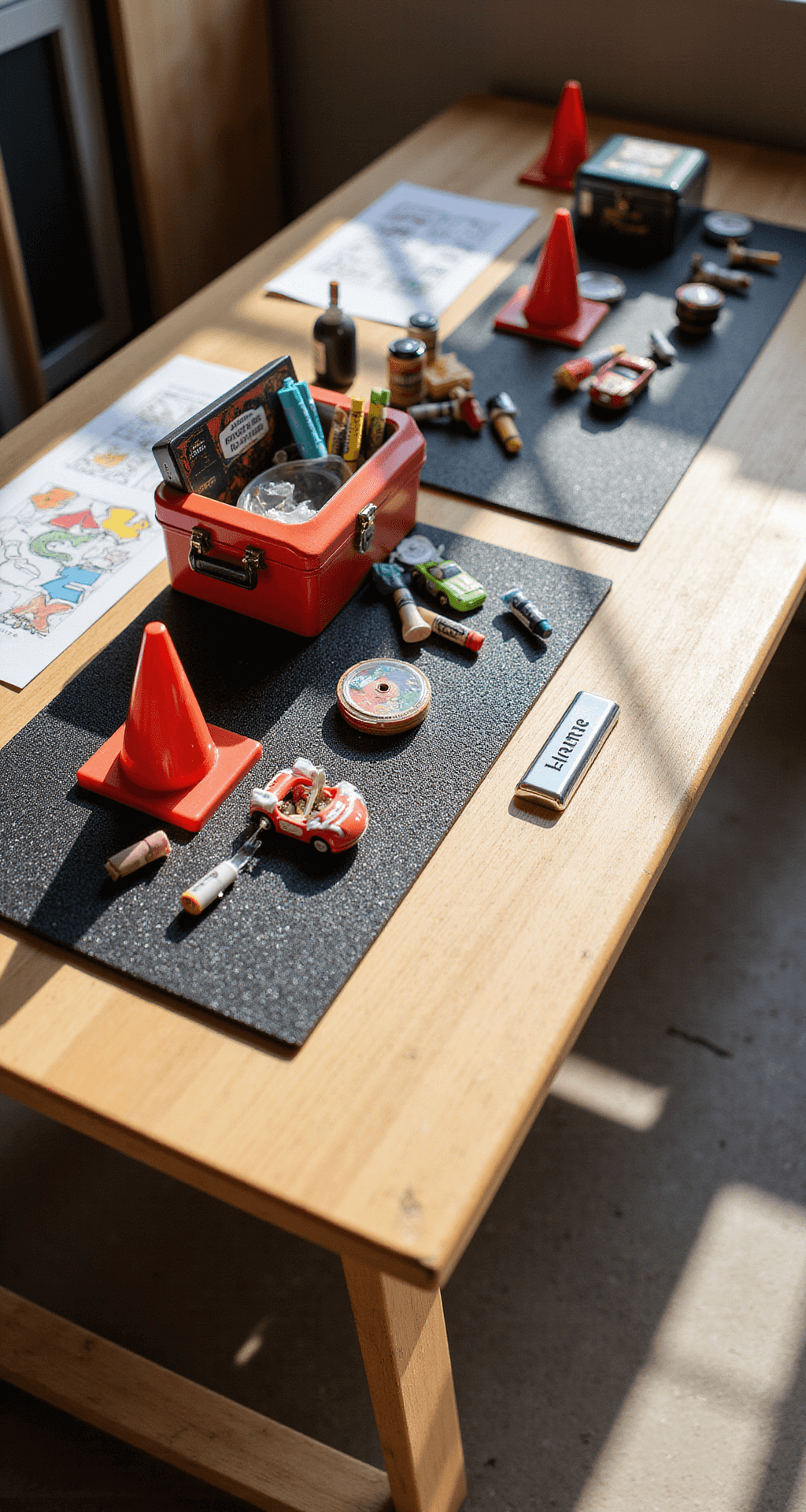 Ultimate Race Car Birthday Party Planning Guide: Rev Up the Celebration! Close-up shot of a children's activity station with a wooden table featuring garage spaces filled with coloring supplies, DIY car-making materials, and personalized racing badges. Vintage tool boxes hold markers and crayons. Miniature traffic cones and textured rubber matting contrast with bright primary-colored supplies, while chrome name plates mark each child's workspace.