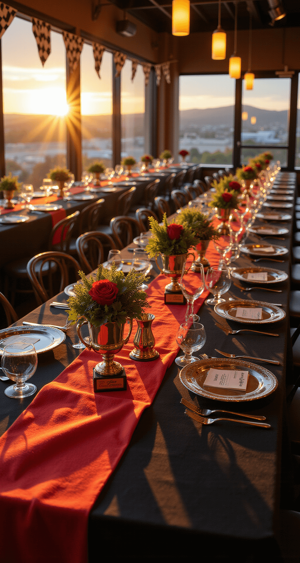 Ultimate Race Car Birthday Party Planning Guide: Rev Up the Celebration! Cinematic wide shot of 'Champion's Dining Area' at sunset with rays through windows; long tables in racetrack formation with black linens and red runners; centerpieces with trophy cups and metallic flowers; place settings feature racing credentials and chrome plates; warm suspended lighting and checkered flag bunting above.