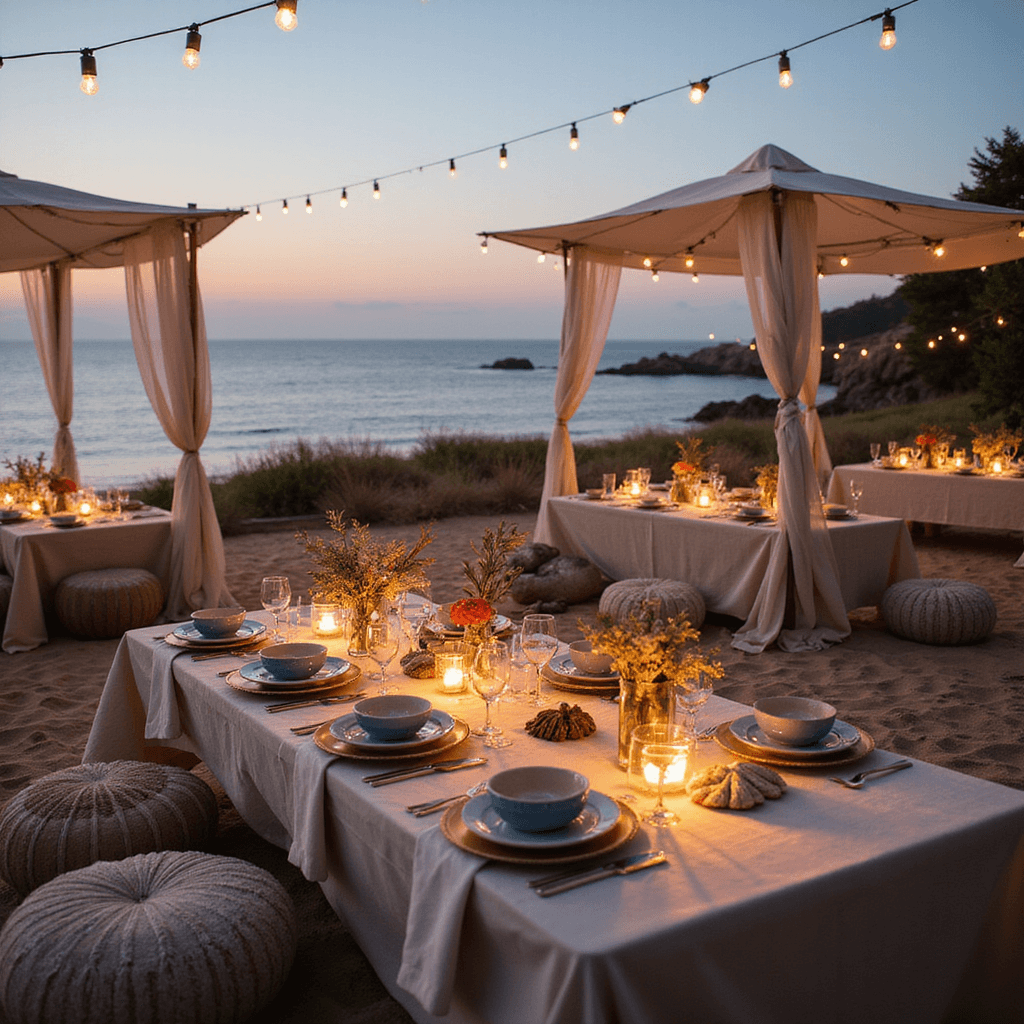 10 Stunning Boho Wedding Decoration Ideas to Create Your Dream Day A low-angle view of a Mediterranean-inspired anniversary dinner setup on a private beach at sunset, featuring gossamer fabric cabanas, low tables with natural linen, handmade ceramic place settings, and organic centerpieces of driftwood, sea glass, shells, olive branches, and beeswax candles. Warm light from vintage brass lanterns and string lights overhead illuminate textile poufs for seating.