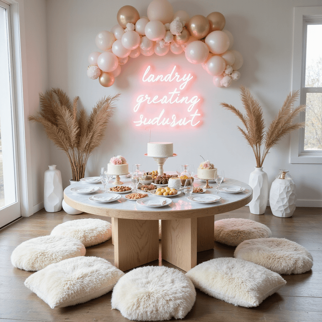 10 Stunning Boho Wedding Decoration Ideas to Create Your Dream Day A minimalist baby shower setup in a contemporary home featuring a circular grazing table with white marble platters on a bleached oak table, cream Mongolian wool floor cushions, dried palm fronds in white ceramics, soft pink neon signage, pearl and champagne balloon installation, Lucite pedestals with geometric cakes and acrylic name cards with gold calligraphy.