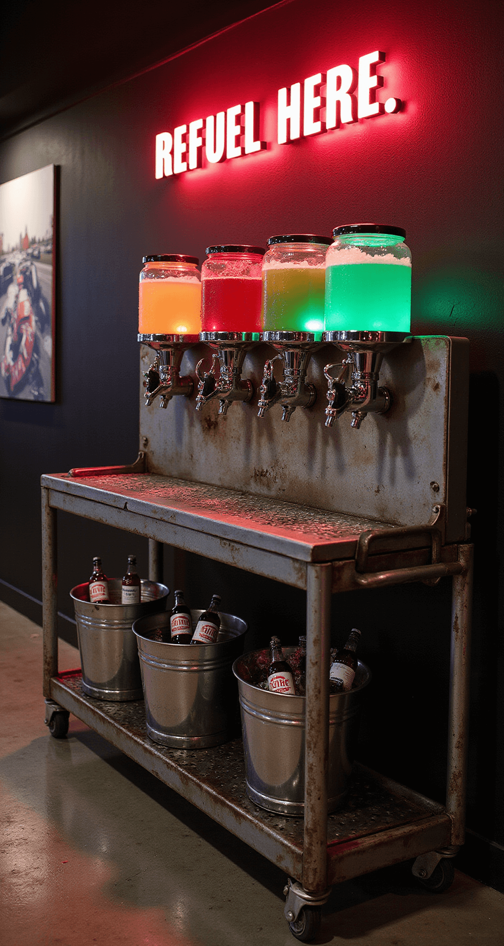 Ultimate Race Car Birthday Party Planning Guide: Rev Up the Celebration! Dramatic evening scene of a beverage area styled as a 'Fueling Station,' featuring an industrial cart turned into a drink station with gas pump-style dispensers. LED-lit ice buckets hold chrome bottles with racing labels. Vintage racing photos and neon 'REFUEL HERE' sign set the backdrop, with moody lighting highlighting metallic surfaces and dynamic shadows.