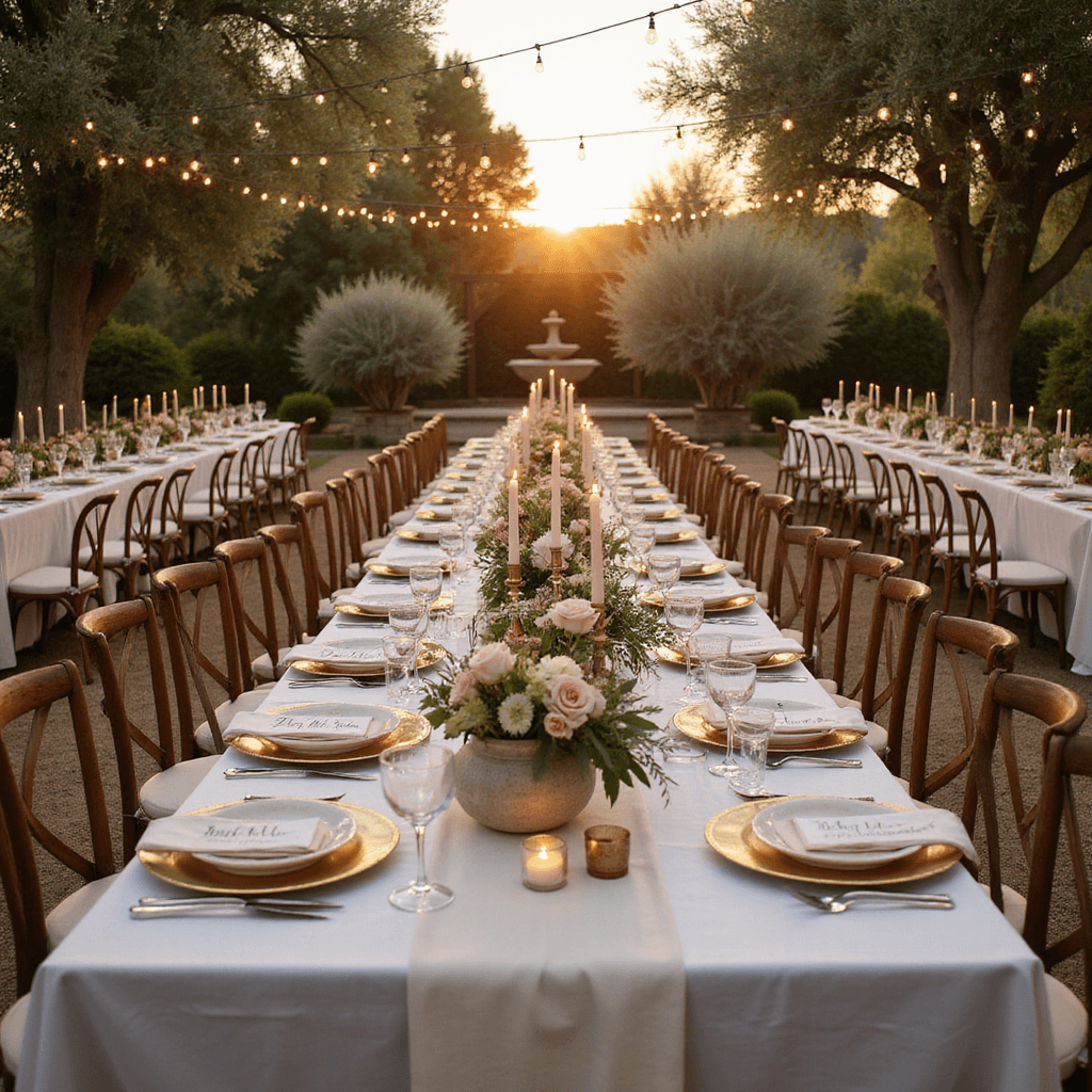 DIY Wedding Invitations: A Complete Creative Guide A golden hour garden reception with elegant farm tables, ivory linens, string lights, jasmine, brass candelabras, blush candles, crystal glassware, organic floral arrangements, wooden chairs, and olive trees.