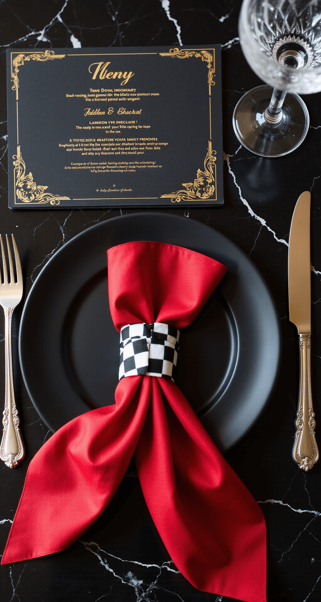 Ultimate Race Car Birthday Party Planning Guide: Rev Up the Celebration! Luxury place setting on black marble with gold-foiled racing menu, black plates, silver cutlery, red silk napkin, checkered flag, and crystal glassware.