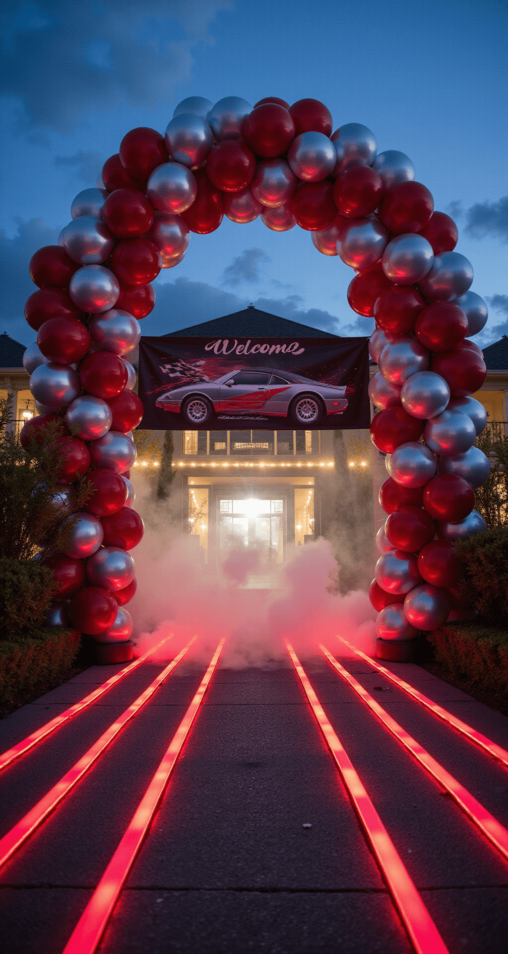 Ultimate Race Car Birthday Party Planning Guide: Rev Up the Celebration! A wide-angle view at twilight of a grand entrance, featuring an illuminated archway with metallic silver and red balloons forming a tunnel. Floor-mounted LED strips resemble a racetrack leading inward. A custom welcome banner with modern racing graphics spans the entrance. Fog effects and uplighting enhance the scene.