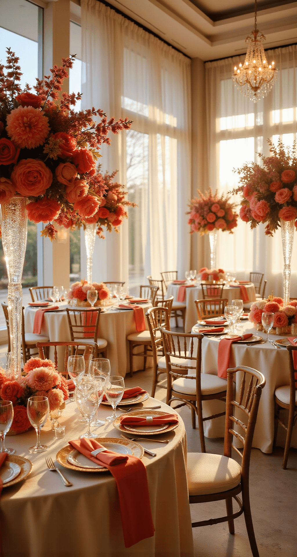 Coral Wedding Flowers: The Ultimate Guide to Creating Stunning Bridal Arrangements Luxurious ballroom wedding reception with coral and gold theme, featuring glass centerpieces with coral flowers, ivory silk-draped tables, crystal chandeliers, and golden hour light filtering through large windows.