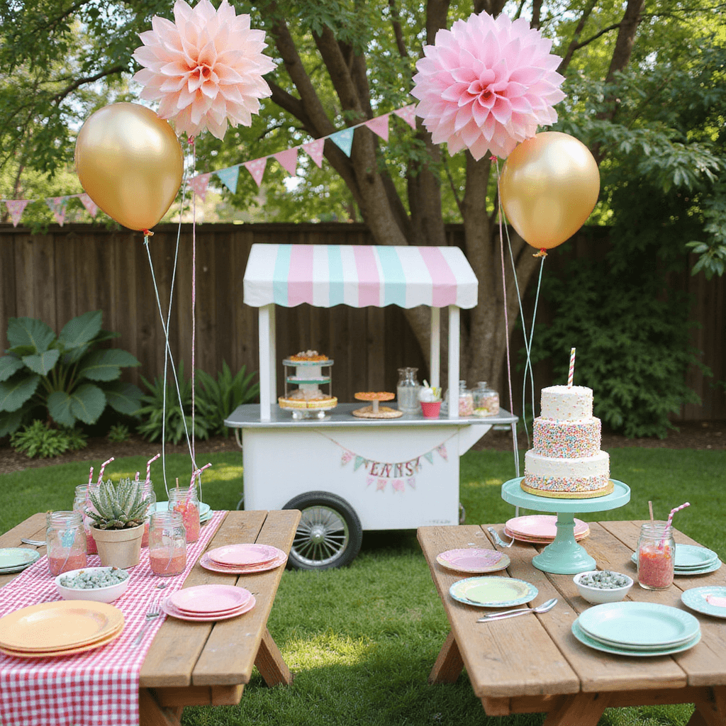 DIY Wedding Invitations: A Complete Creative Guide A children's birthday party in a sunny backyard with a vintage ice cream cart, decorated with striped awning and gold balloons, surrounded by picnic tables with colorful plates and mason jar drinks, and a rainbow sprinkle cake on a mint stand, set against a backdrop of oversized paper flowers and festive bunting.