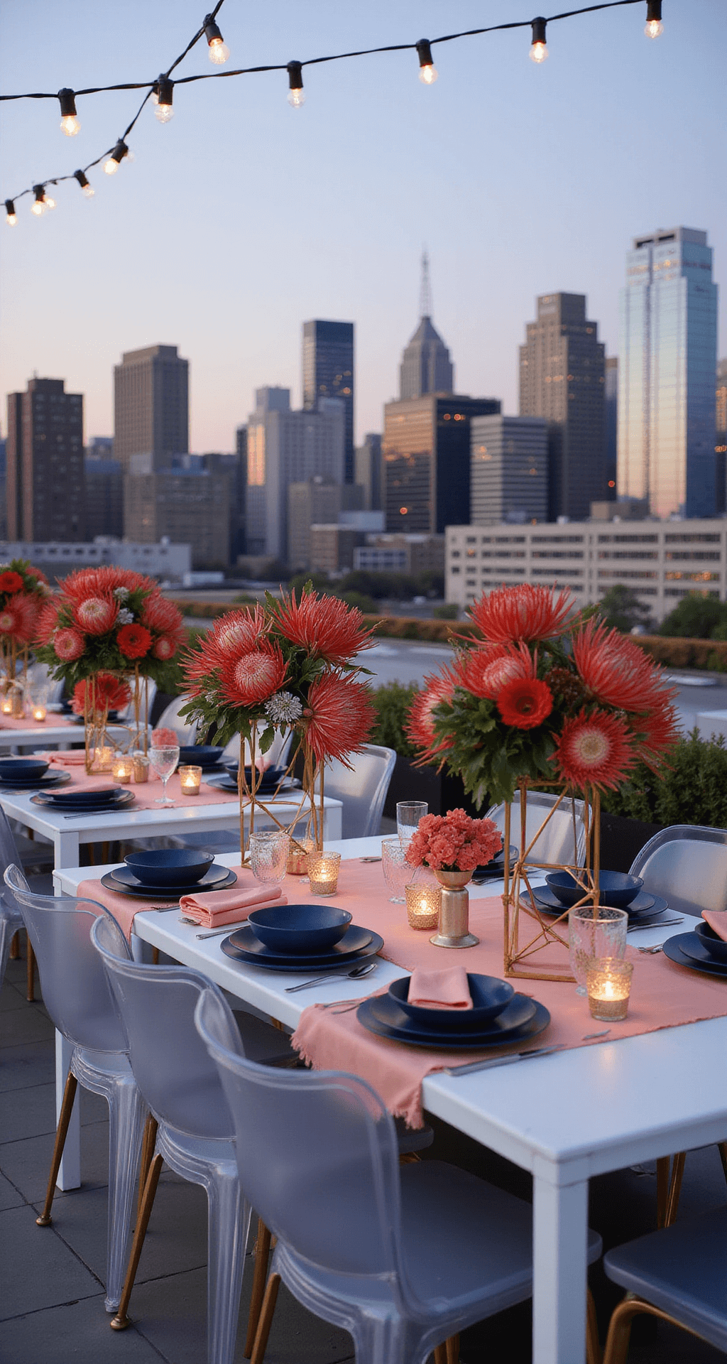 Coral Wedding Flowers: The Ultimate Guide to Creating Stunning Bridal Arrangements Rooftop celebration with coral and navy decor, geometric gold stands with floral arrangements, and ghost chairs around white tables, against a city skyline at dusk.