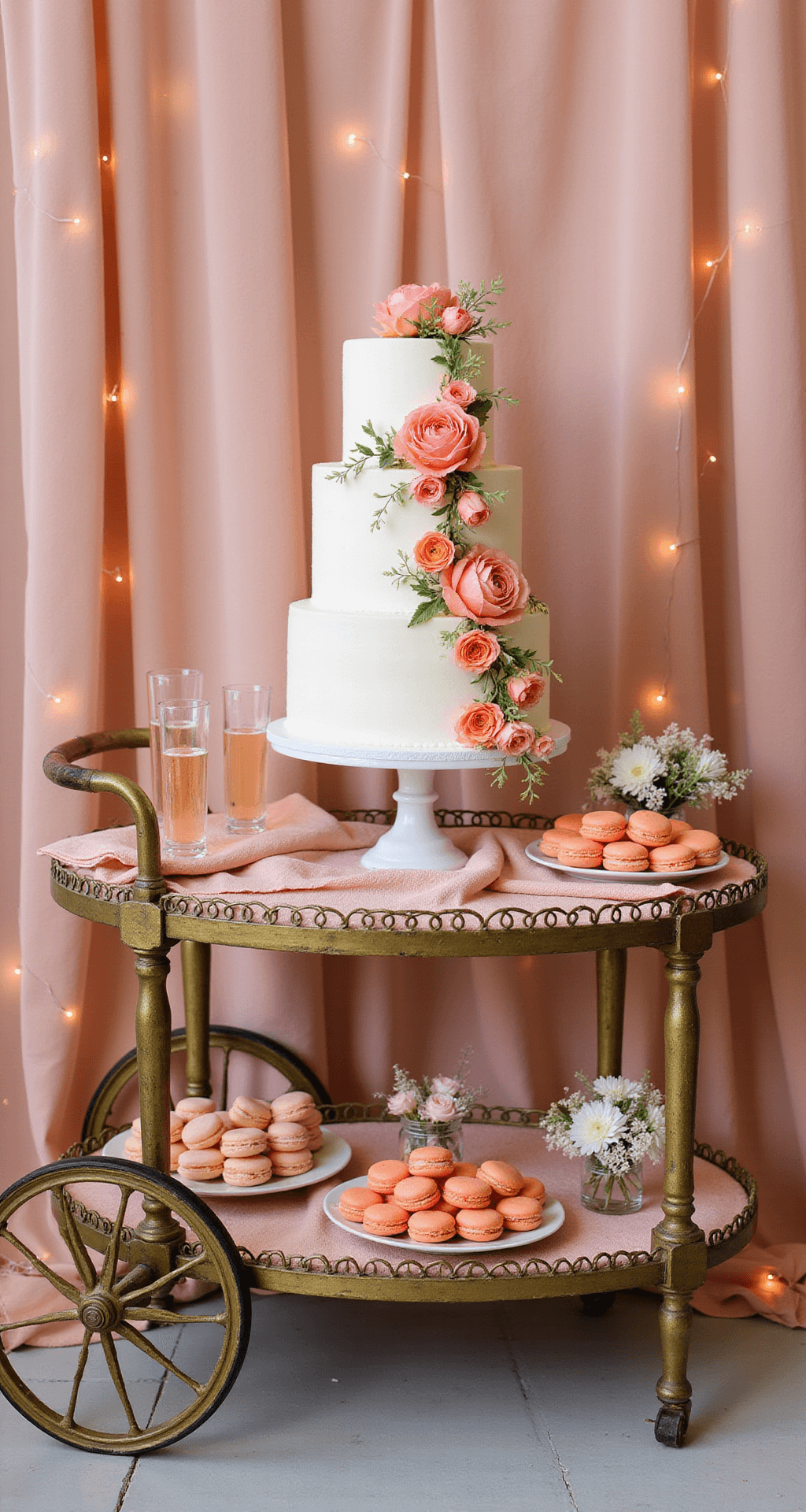 Coral Wedding Flowers: The Ultimate Guide to Creating Stunning Bridal Arrangements Three-tier white cake with coral flowers on a vintage cart, surrounded by coral macarons, champagne coupes, and posies in crystal vases, with sheer drapery and twinkle lights in the background.