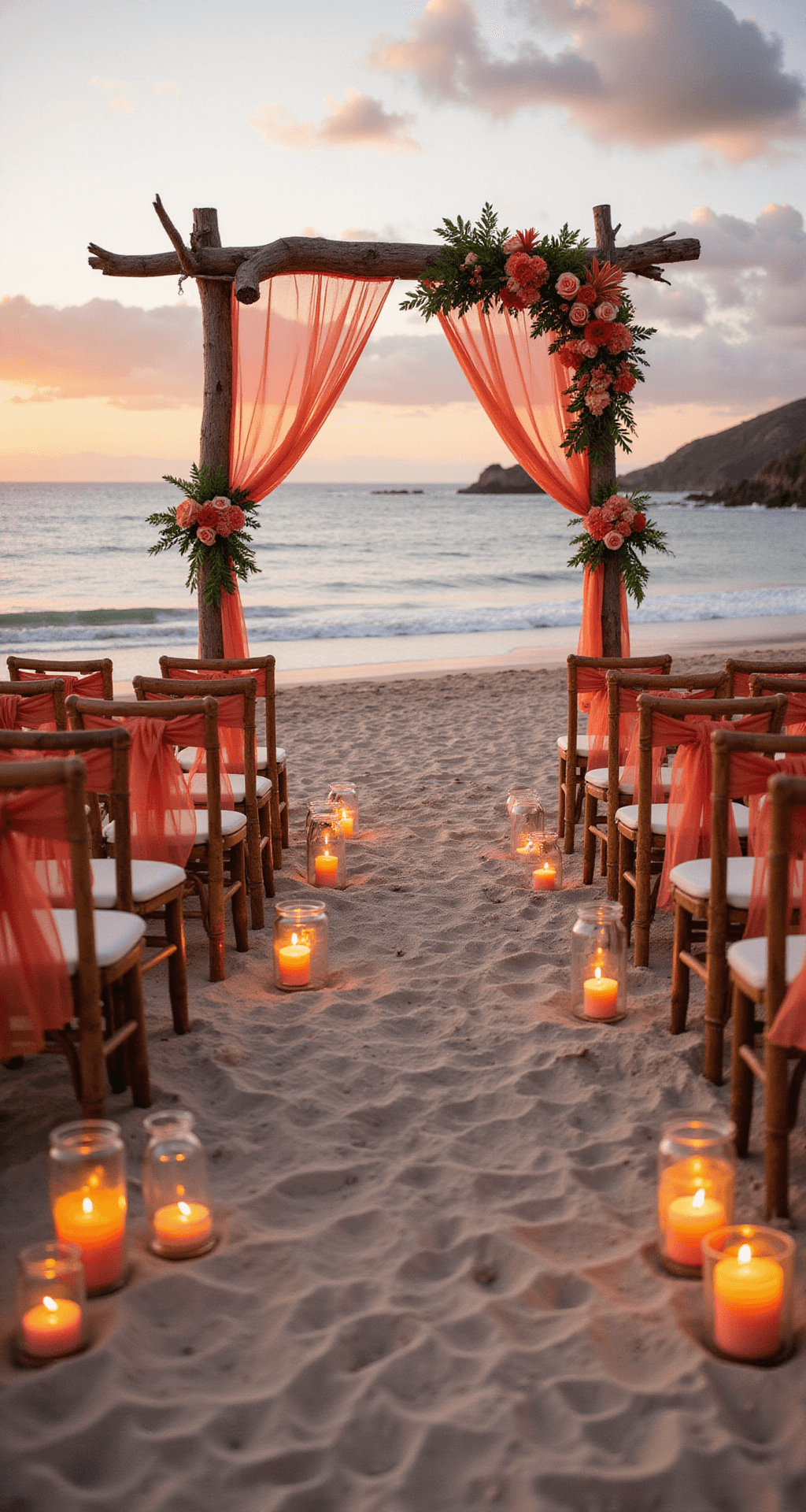 Coral Wedding Flowers: The Ultimate Guide to Creating Stunning Bridal Arrangements A beach wedding ceremony setup at sunset featuring bamboo chairs with coral sashes, a driftwood arch adorned with coral-colored roses and tropical greenery, and sand pathways lined with glass hurricanes containing coral candles, with the ocean and warm sunset in the horizon.