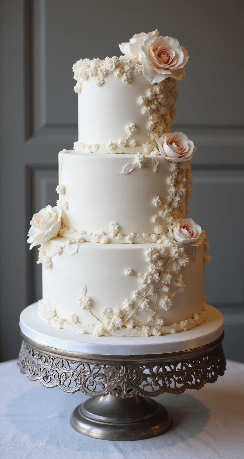 Vintage Wedding Cake: A Timeless Celebration Of Elegance A vintage-inspired three-tiered white wedding cake with Lambeth piping, adorned with pale pink and cream sugar flowers, edible pearls, and gold leaf, on a silver stand in a classic patisserie setting.