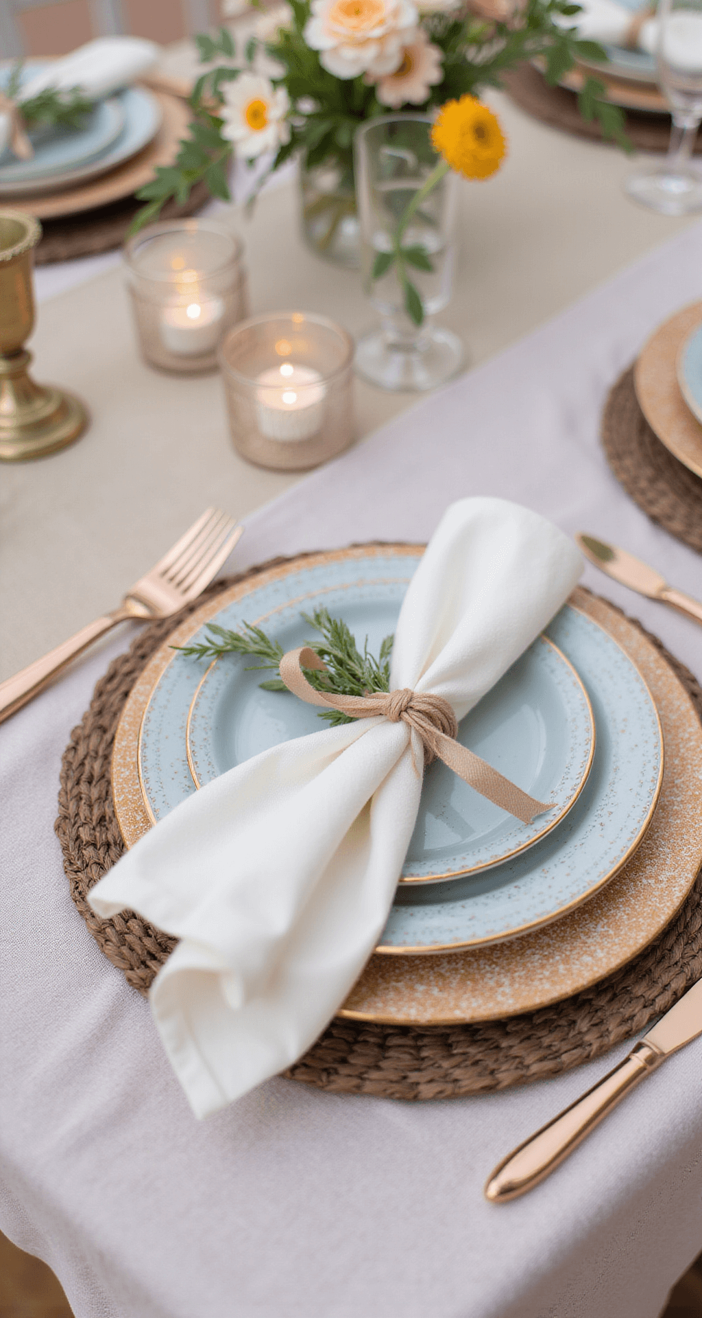 Early Spring Wedding: Your Ultimate Guide to a Magical Celebration A detailed reception table setting with lace overlay, blush underlay, ceramic charger, layered fine china, napkin with silk ribbon and herbs, mercury glass votives, bud vases with blooms, and rose gold flatware.