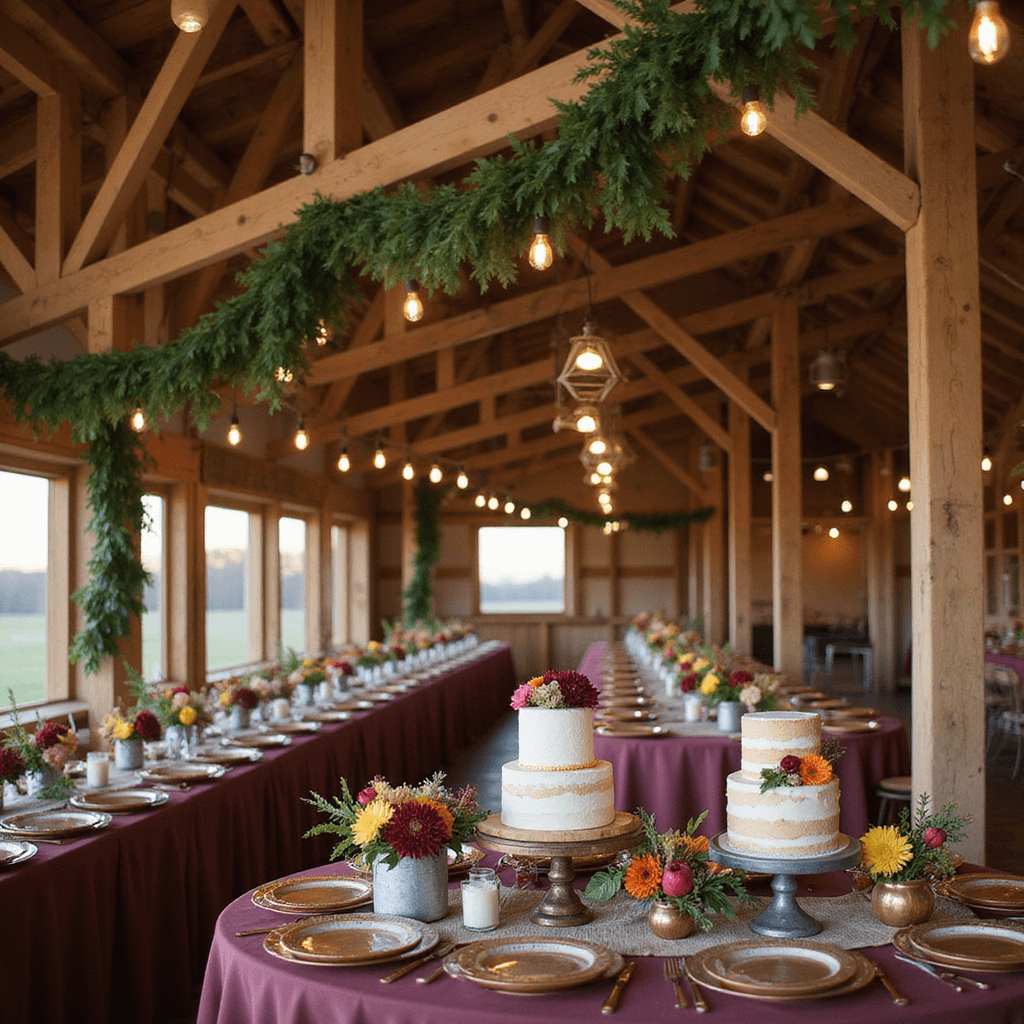 Wedding Reception Decor: Your Ultimate Guide to Creating a Magical Celebration An autumn barn reception at sunset with wooden beams decorated in evergreen garlands and Edison bulbs. Tables have copper chargers, burgundy linens, and floral arrangements. A dessert display with naked cakes, blooms, and fruits.