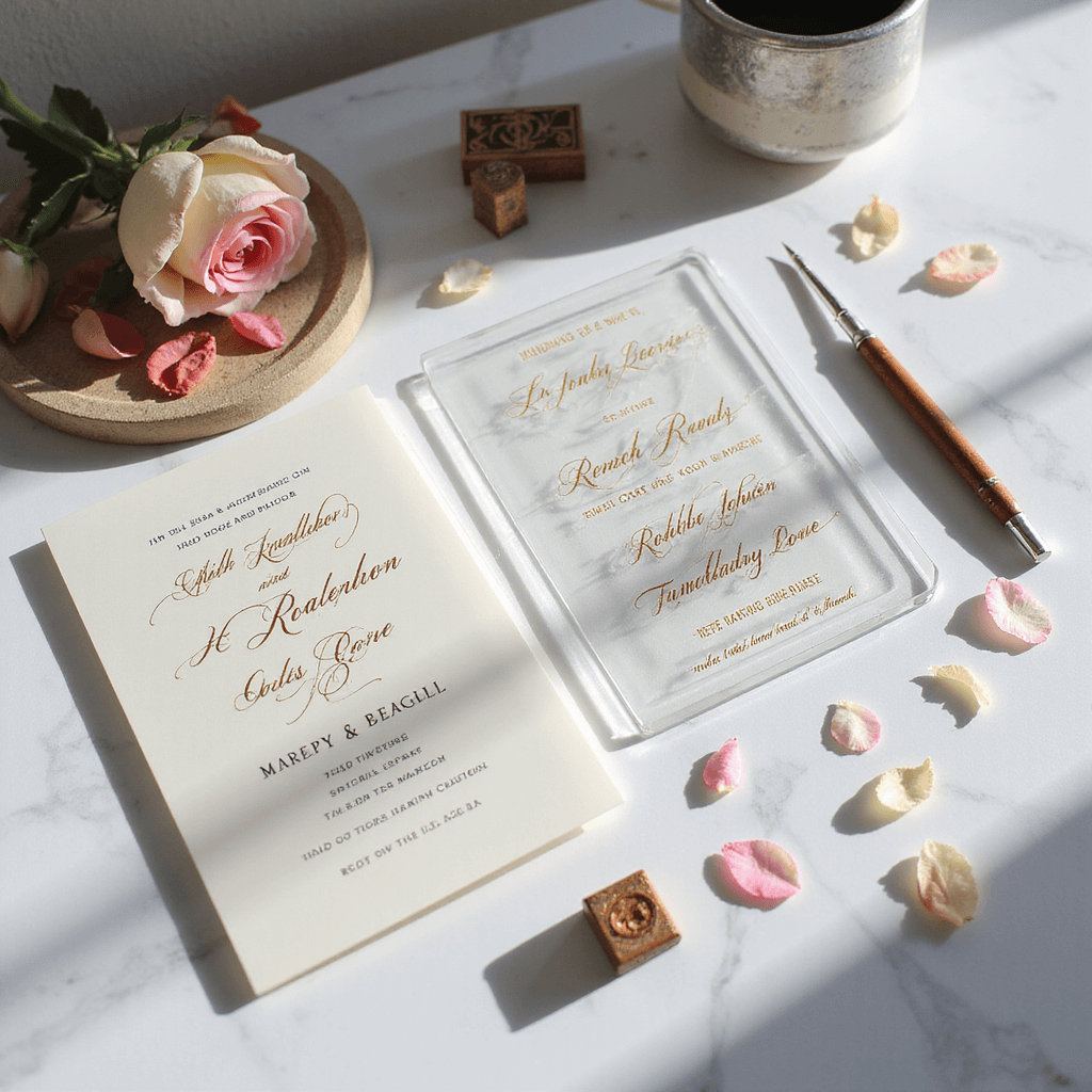 Quirky Wedding Invitations: Unleash Your Creativity and Personality Flat lay of modern acrylic wedding invitations on white marble, featuring clear and frosted pieces with gold and silver etching. Scattered rose petals, vintage stamps, and calligraphy tools add to the stylish composition. Light creates shadows and prismatic effects on the acrylic surfaces.