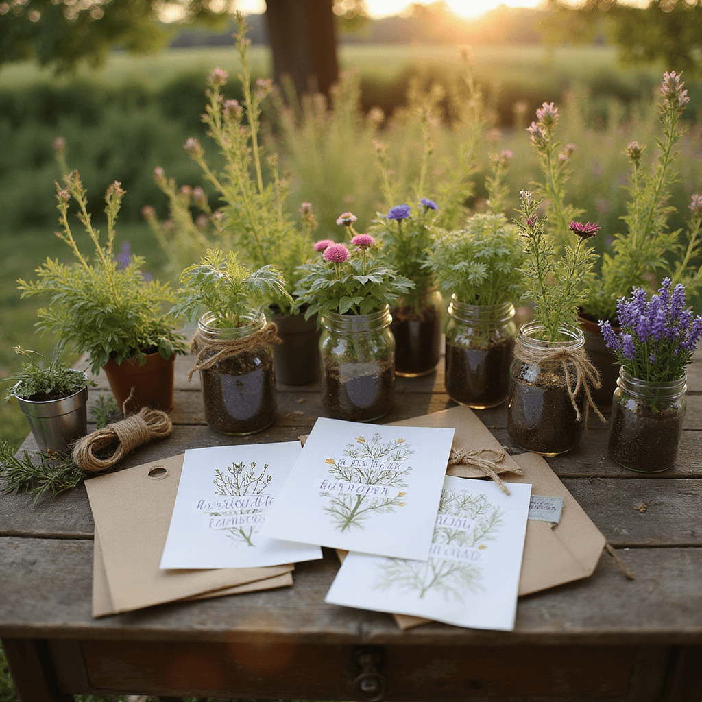Quirky Wedding Invitations: Unleash Your Creativity and Personality A cozy garden nook with a vintage wooden desk showcasing eco-friendly seed paper invitations among potted herbs and wildflowers, bathed in golden hour sunlight. The desk is adorned with mason jars of sprouting plants, kraft paper envelopes, twine, pressed flowers, and thriving plants from the invitations, all in natural textures and earth tones.