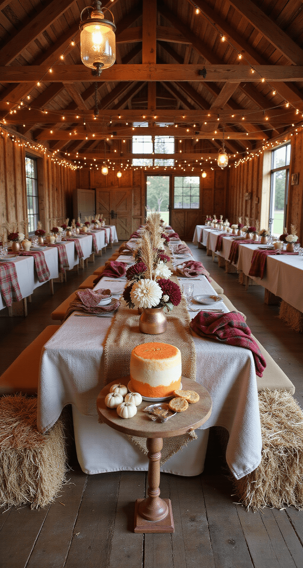 A Magical Fall-Themed First Birthday Party: Your Ultimate Planning Guide A cozy barn interior decorated for a first birthday, featuring fairy lights, mason jar lanterns, farmhouse tables with autumn centerpieces, hay bale seating with plaid blankets, and a dessert station with an ombré cake and seasonal treats, all bathed in warm, golden hour light.