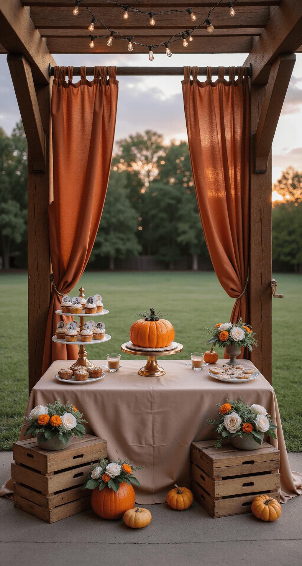 A Magical Fall-Themed First Birthday Party: Your Ultimate Planning Guide An intimate backyard gathering at sunset with a 'Little Pumpkin' themed dessert table under a wooden pergola adorned with rust-colored silk drapes and fairy lights. A pumpkin-shaped smash cake on a gold pedestal is surrounded by autumn-colored cupcakes on tiered stands with fresh sage and ivory roses. Vintage wooden crates display monthly milestone photos, captured in portrait orientation with a bokeh effect.