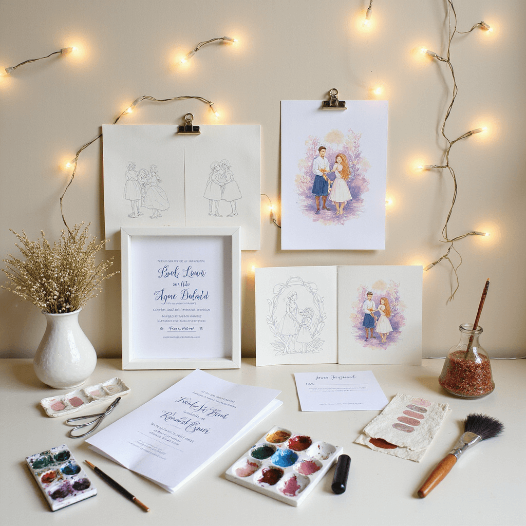 Quirky Wedding Invitations: Unleash Your Creativity and Personality A whimsical studio display features hand-illustrated wedding invitations on a cream background, with custom watercolor couple portraits, painting supplies, sketching tools, and color swatches; fairy lights add a dreamy touch, highlighting the creative process from sketch to final design.
