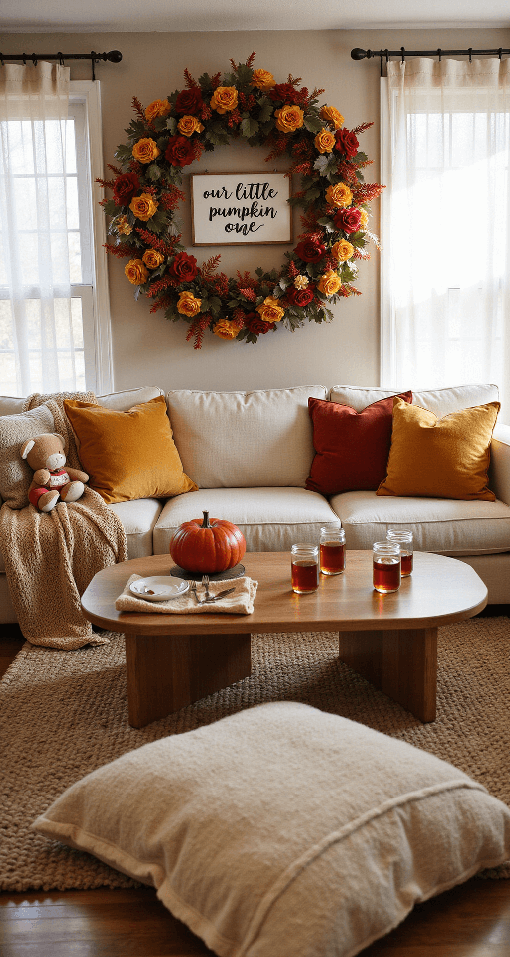 A Magical Fall-Themed First Birthday Party: Your Ultimate Planning Guide A cozy indoor living room transformed into a fall wonderland with morning light, featuring a backdrop wall with a deep red and mustard yellow floral wreath and a 'Our Little Pumpkin is One' sign. Velvet rust and cream floor cushions surround tables with mason jar apple cider. A soft play area with chunky knit blankets and autumn-themed stuffed toys is visible, with sheer curtains allowing natural light to stream in.