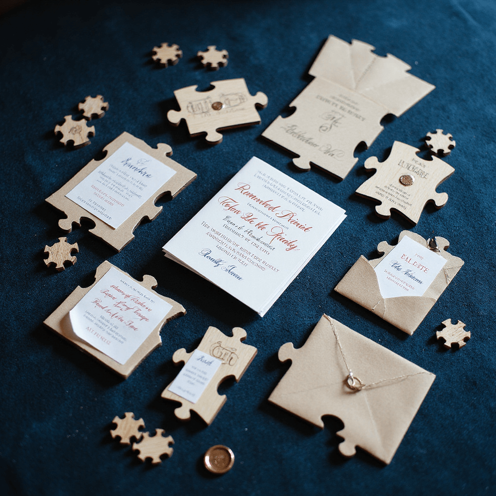 Quirky Wedding Invitations: Unleash Your Creativity and Personality Overhead view of puzzle invitations on blue velvet, featuring romantic messages, wedding details, wooden pieces, envelope liners, and wax seals with dramatic lighting.