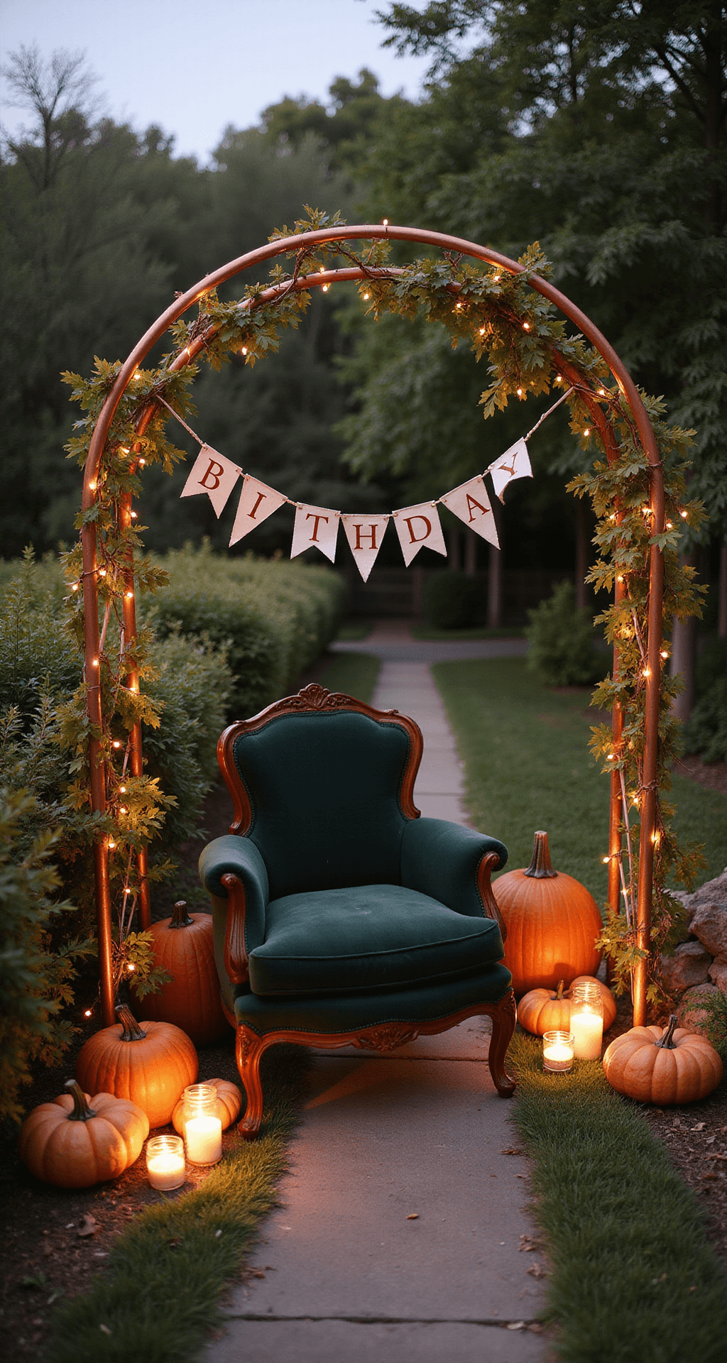 A Magical Fall-Themed First Birthday Party: Your Ultimate Planning Guide A whimsical garden scene at dusk featuring a vintage copper arch adorned with twinkle lights and autumn leaves, framing a deep green velvet armchair. Heirloom pumpkins surround the setting, with an ivory and rust birthday banner fluttering gently. Mason jars with floating candles line the path, all captured in a softly focused, intimate composition.