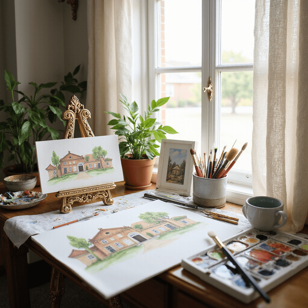 Quirky Wedding Invitations: Unleash Your Creativity and Personality A sunlit artist's corner with a watercolor station, featuring a gold easel with a completed invitation, surrounded by paint palettes, brushes, and reference photos, all bathed in soft light through gauzy curtains.